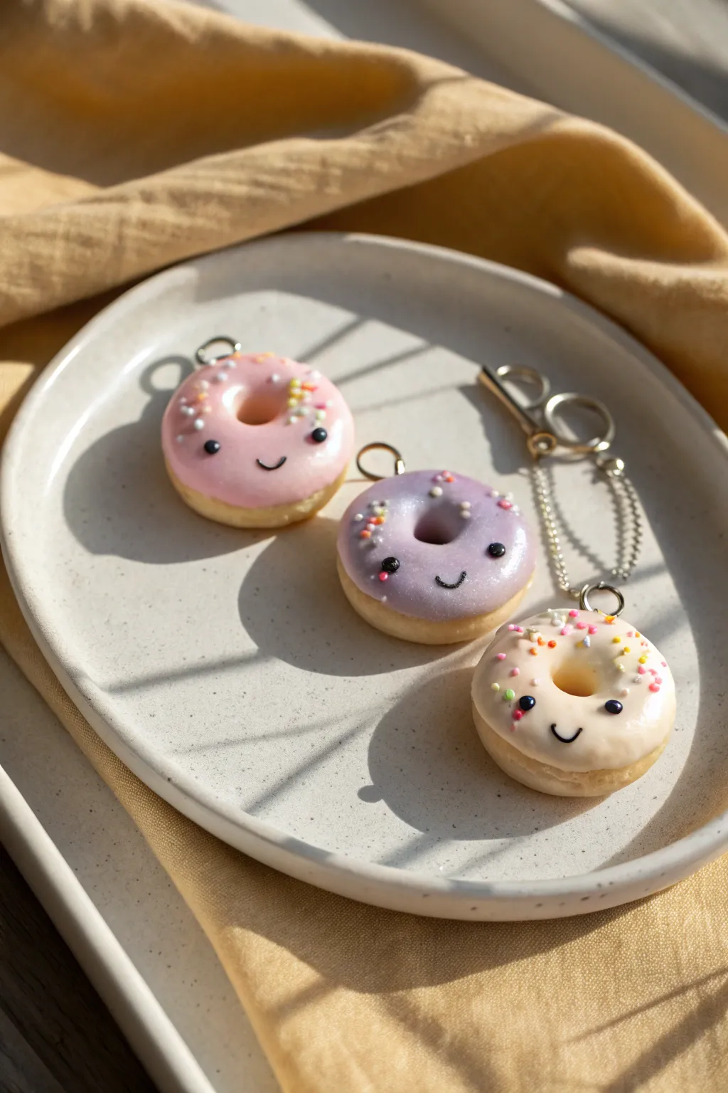 Mini donut sprinkle charms in pastel glaze, sweet tiny faces, minimalist Scandinavian styling