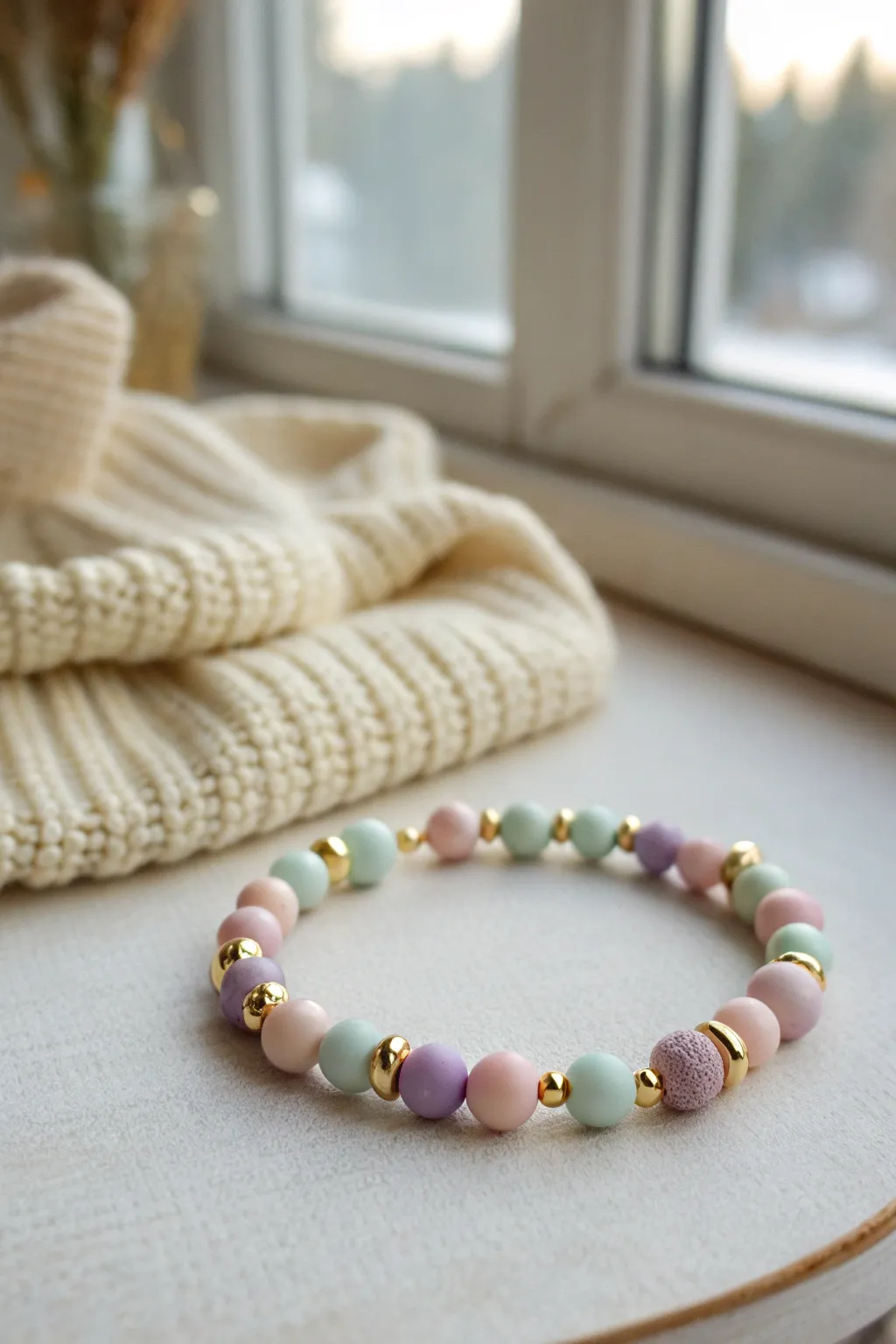 Soft pastel clay beads paired with gold spacers for a dreamy, minimalist shine