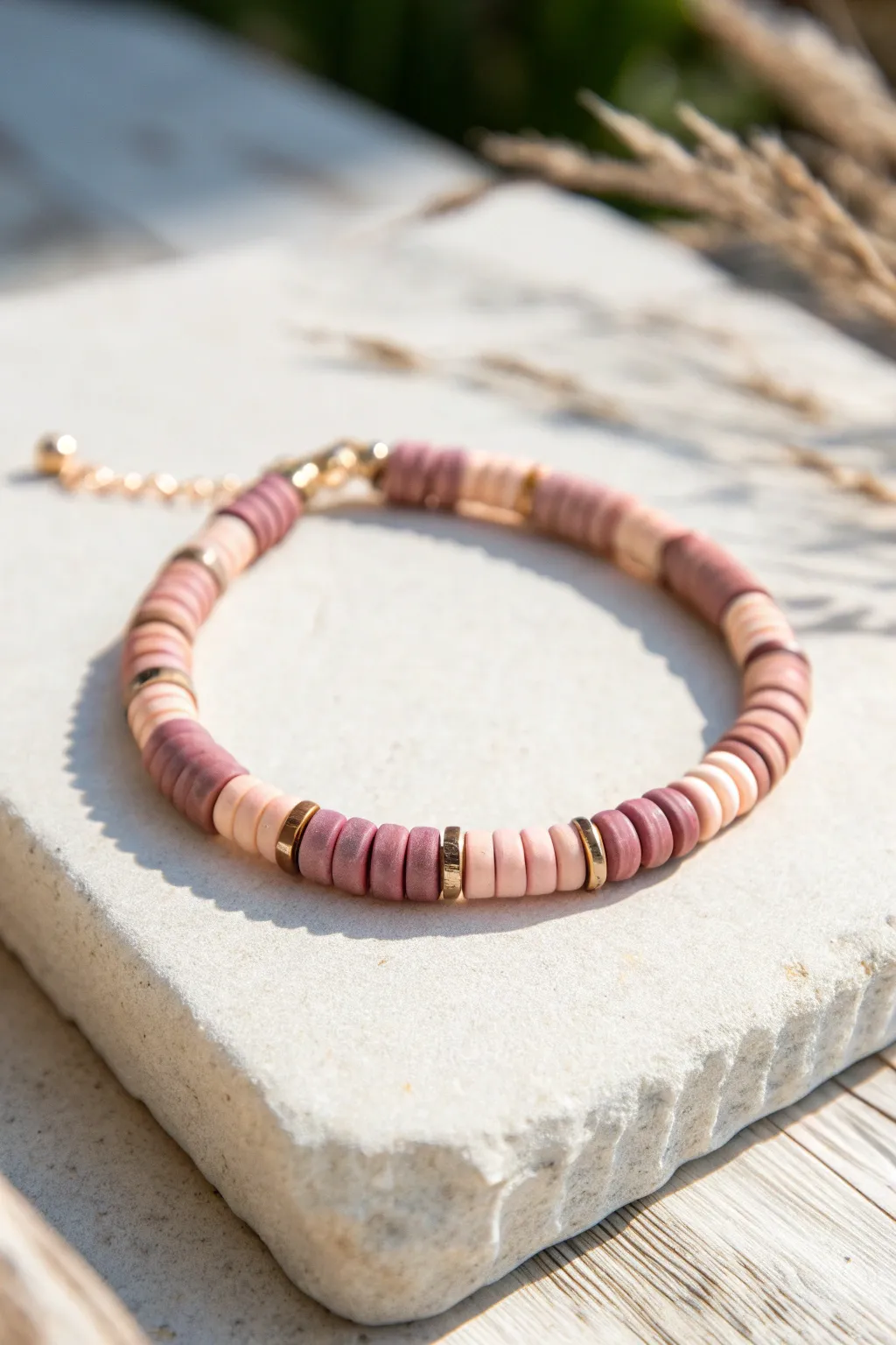 Monochrome dusty rose to blush heishi bracelet with sleek spacers for soft, modern boho style.