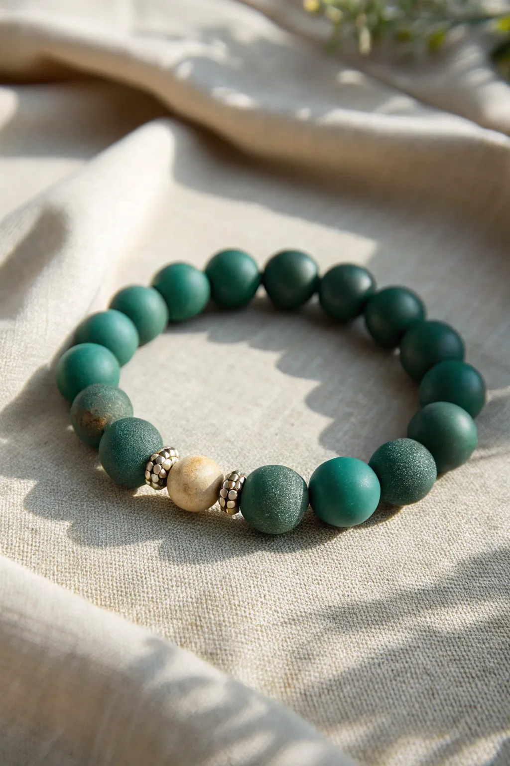 Emerald clay beads with a chunky center cluster for an easy, modern bracelet with handcrafted charm.