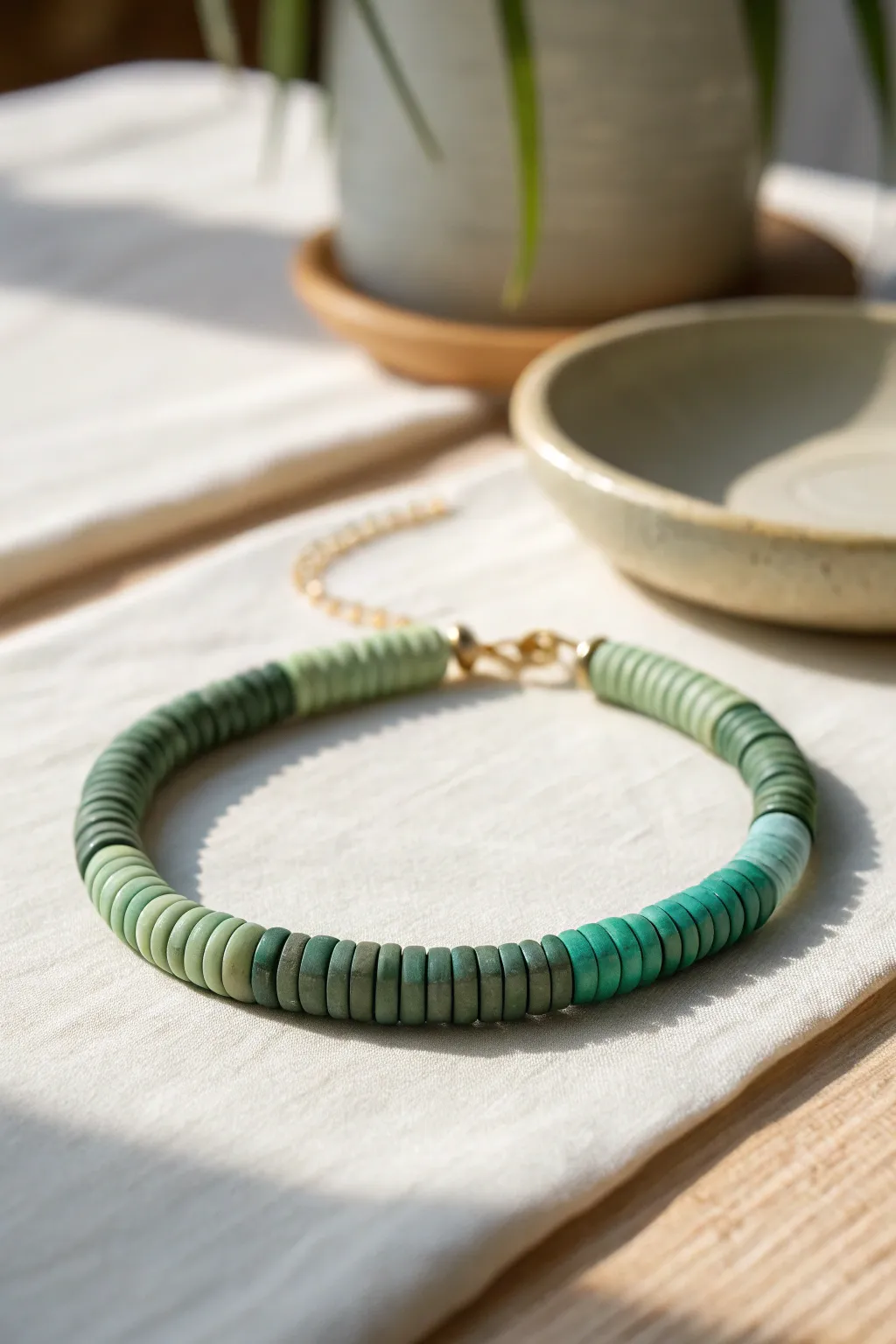 Forest-to-mint ombre heishi bracelet for a fresh, minimalist look with natural contrast.