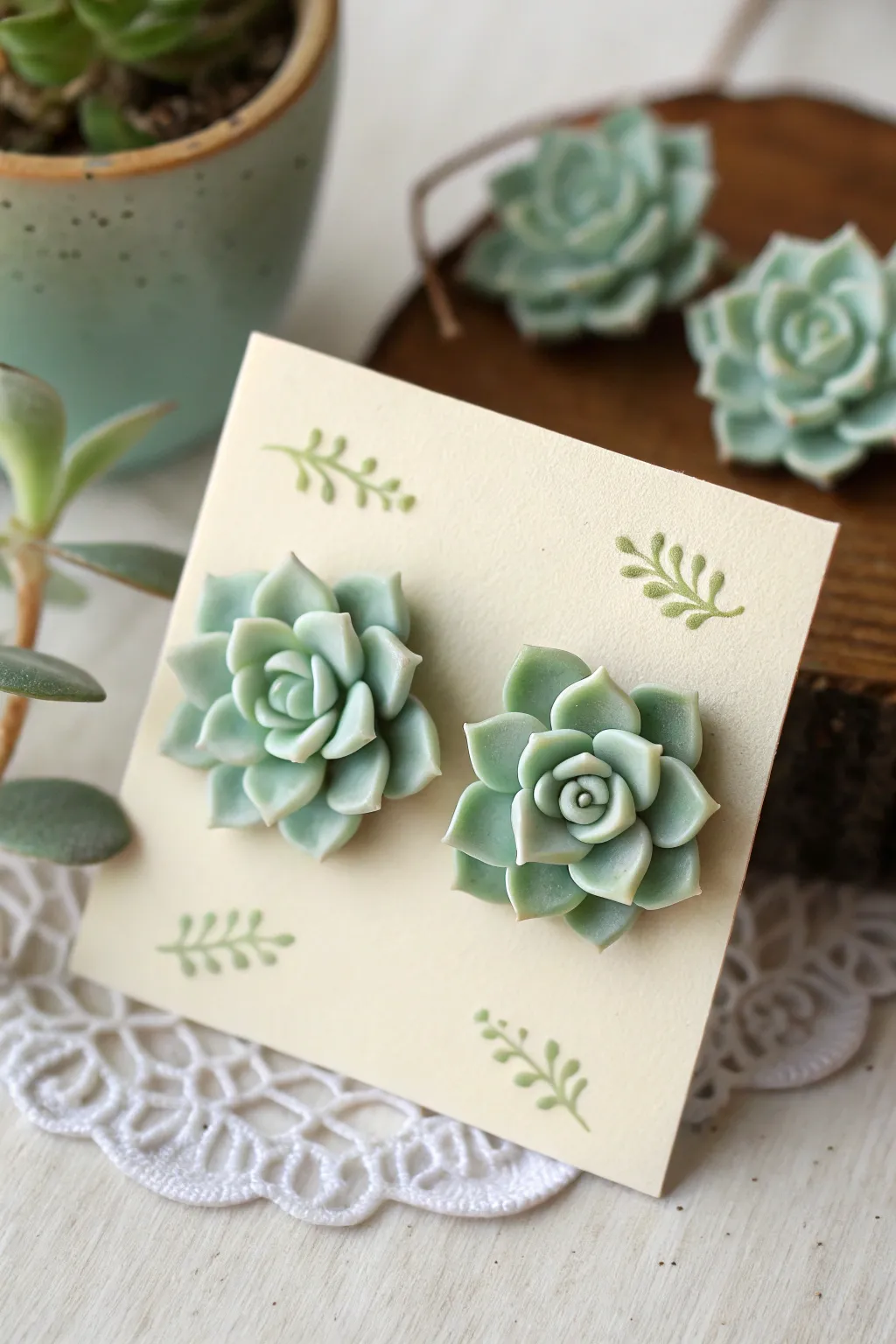 Soft green succulent rosette studs in minimalist styling, showcasing simple handmade charm