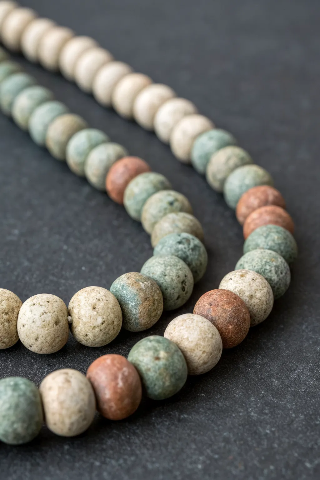 Chunky ceramic-effect grunge beads in muddy neutrals with rust and deep green accents.