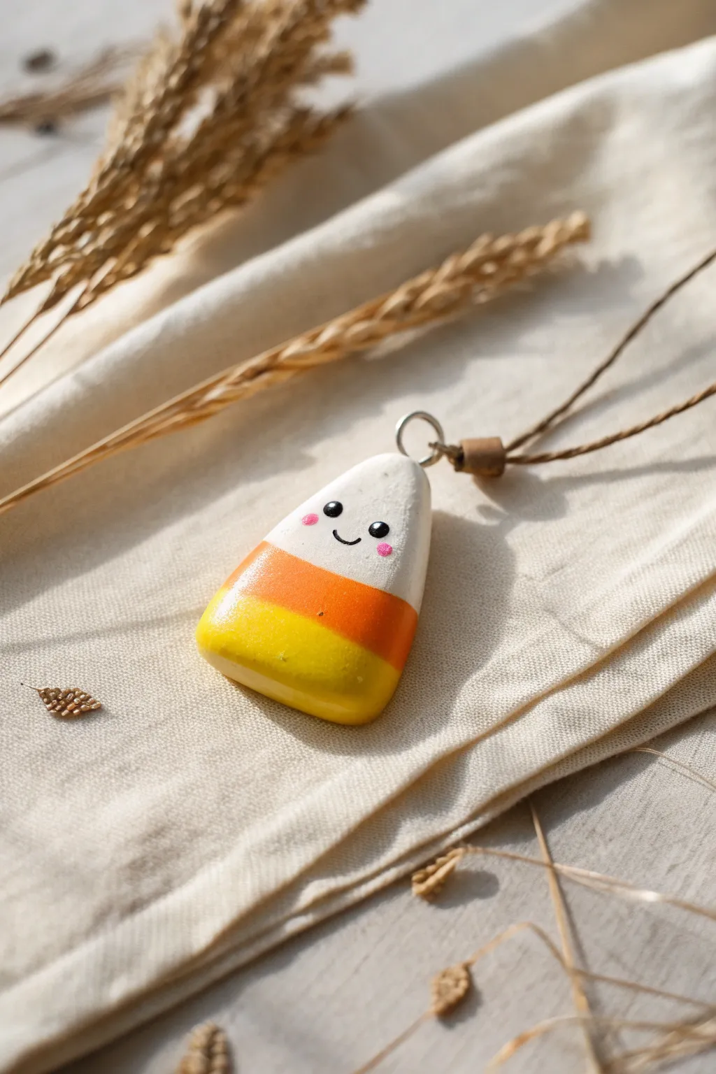 Sweet candy corn clay charm with twine loop, a simple Halloween ornament in soft boho tones