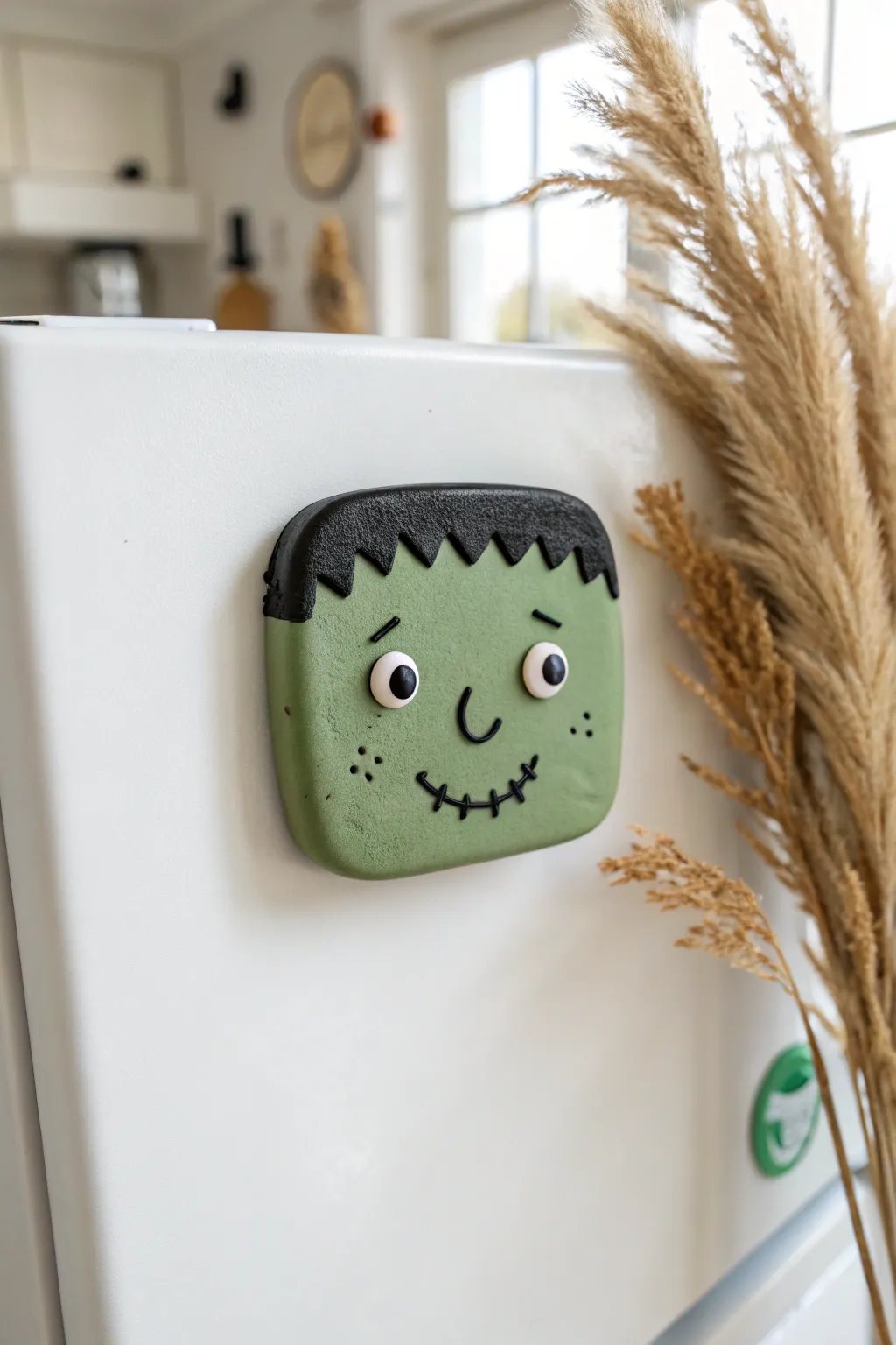 Cute Frankenstein face magnet in air dry clay, a simple kid friendly Halloween decor idea for the fridge.
