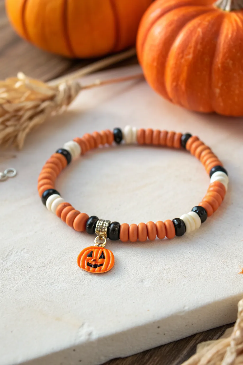 Pumpkin charm bracelet with orange heishi bead runs and chic black-and-ivory accents