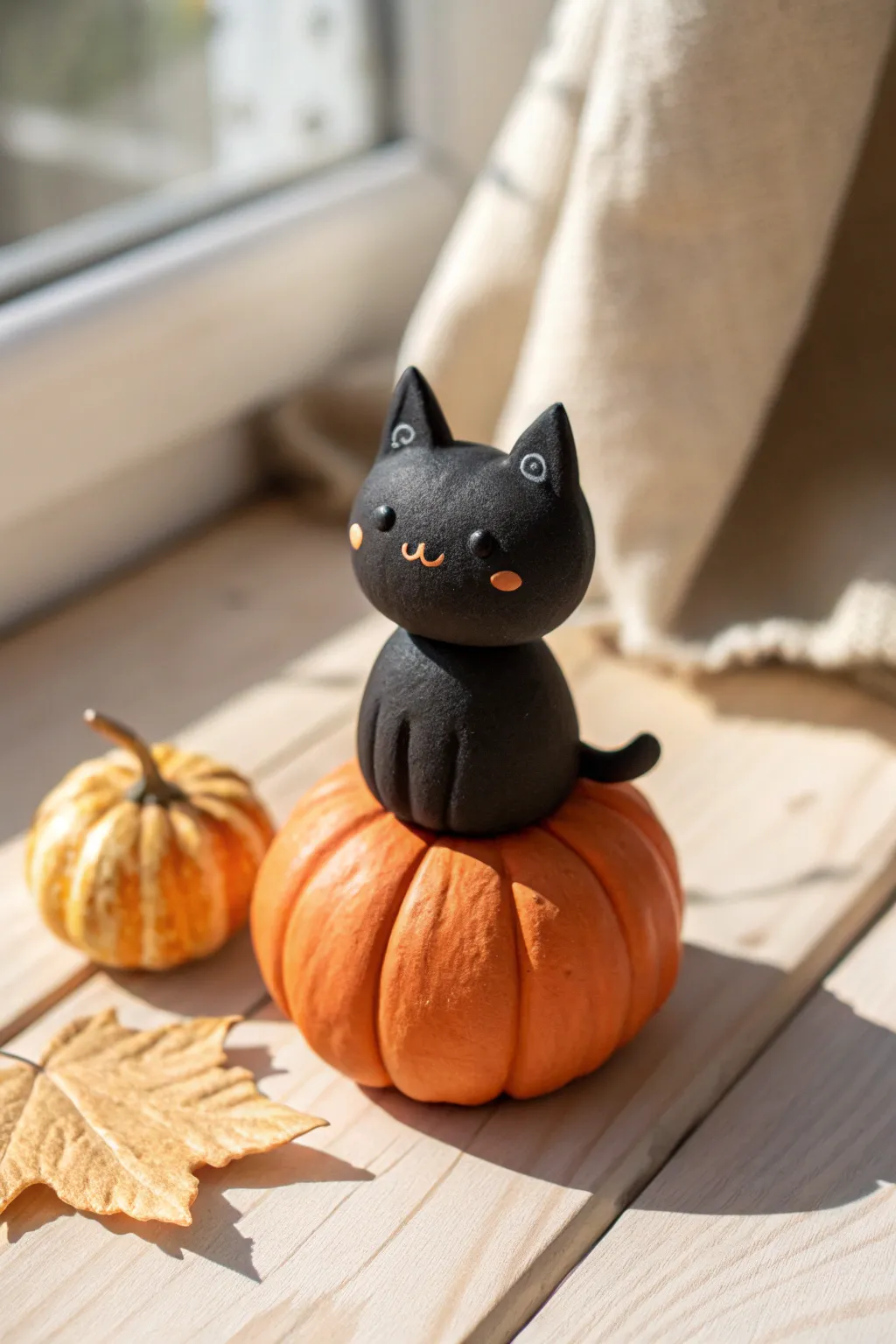 Tiny black cat on a pumpkin, minimalist Halloween clay charm with cozy Scandinavian vibes.