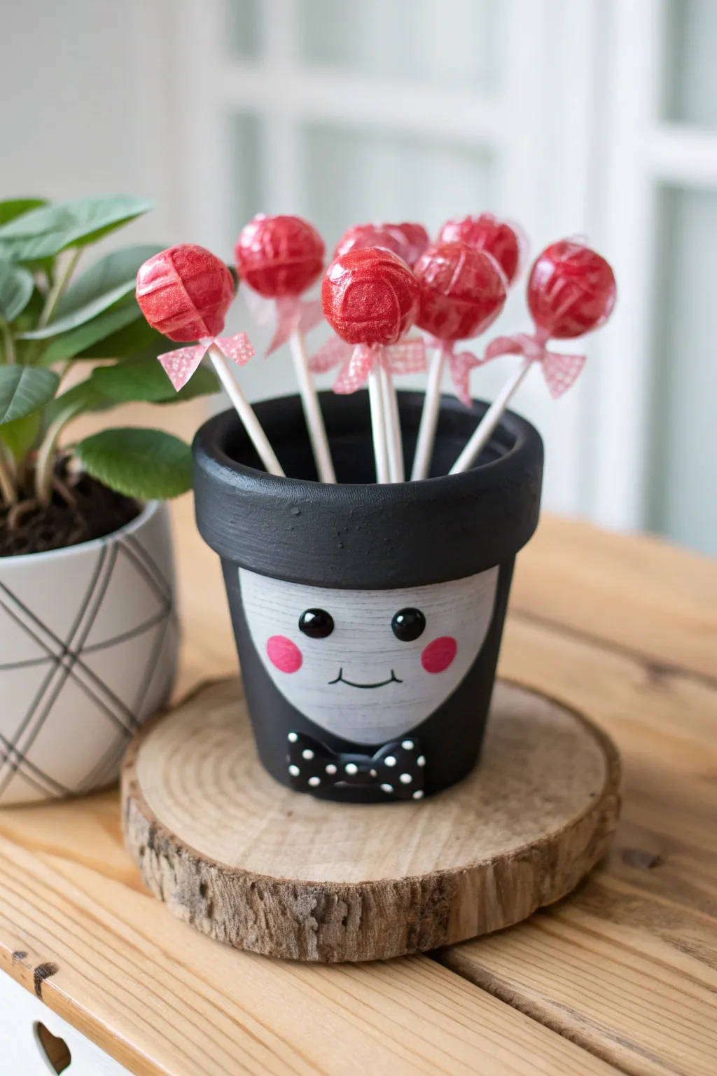 Vampire fangs clay treat cup with lollipop bouquet, minimalist spooky-cute Halloween decor