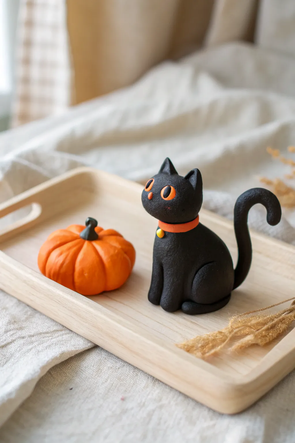 Tiny black clay cat with a sweet orange collar beside a mini pumpkin, minimalist Halloween charm