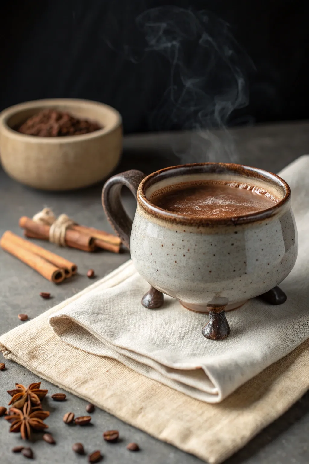Cozy cauldron cocoa mug in glossy charcoal glaze, styled with cinnamon on a moody backdrop