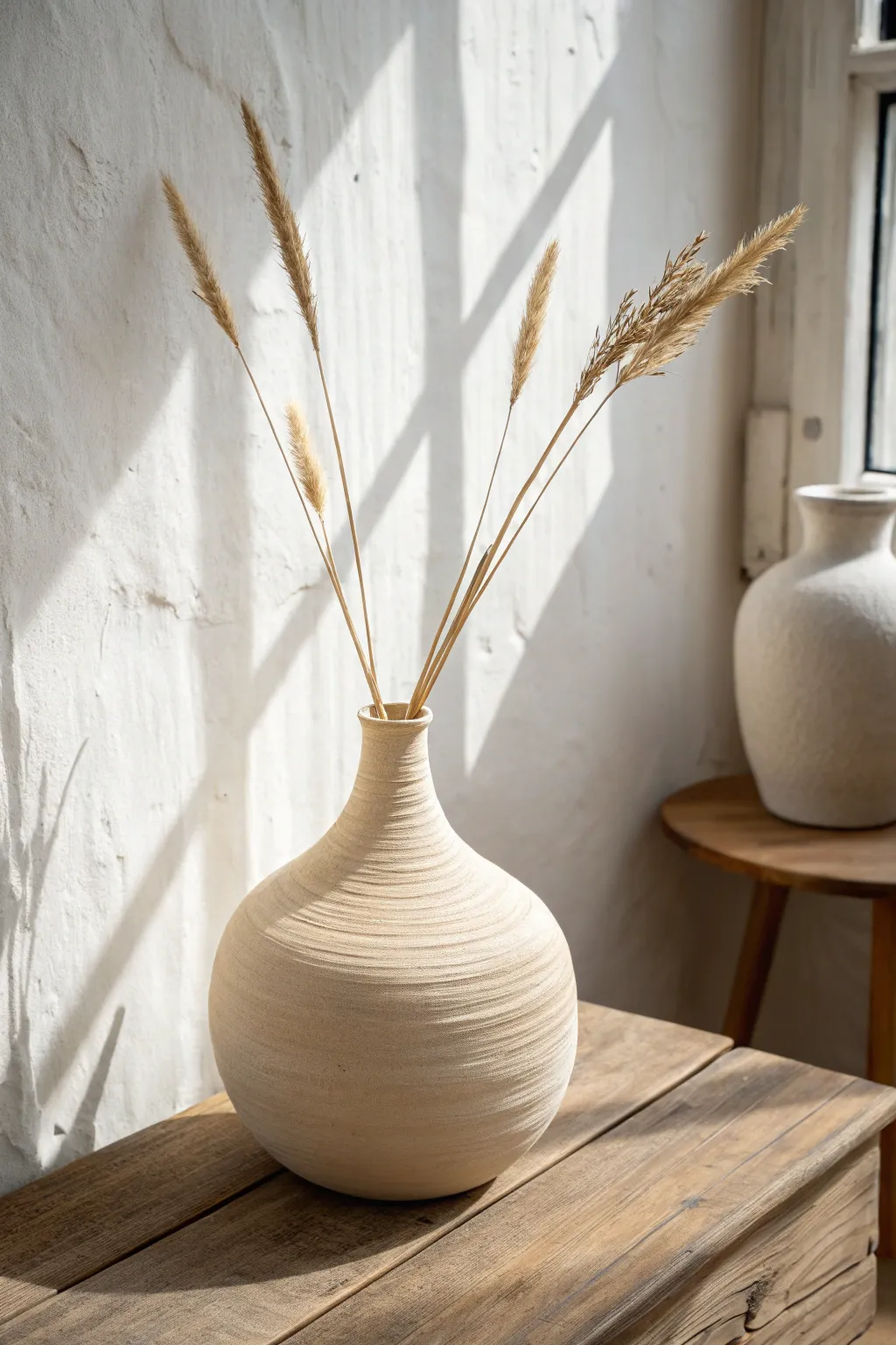 Soft coil-built vase with gentle curves and dried stems for a calm, modern clay moment.