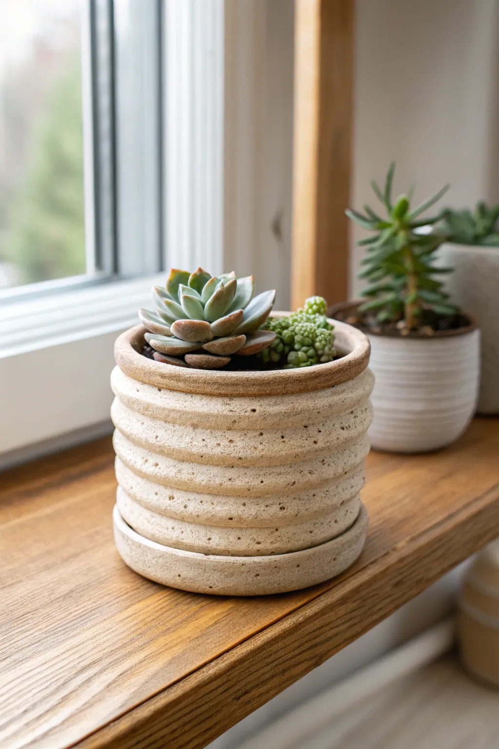 Coil-built beginner planter with smooth stacked sides, a wavy rim, and a tiny succulent.
