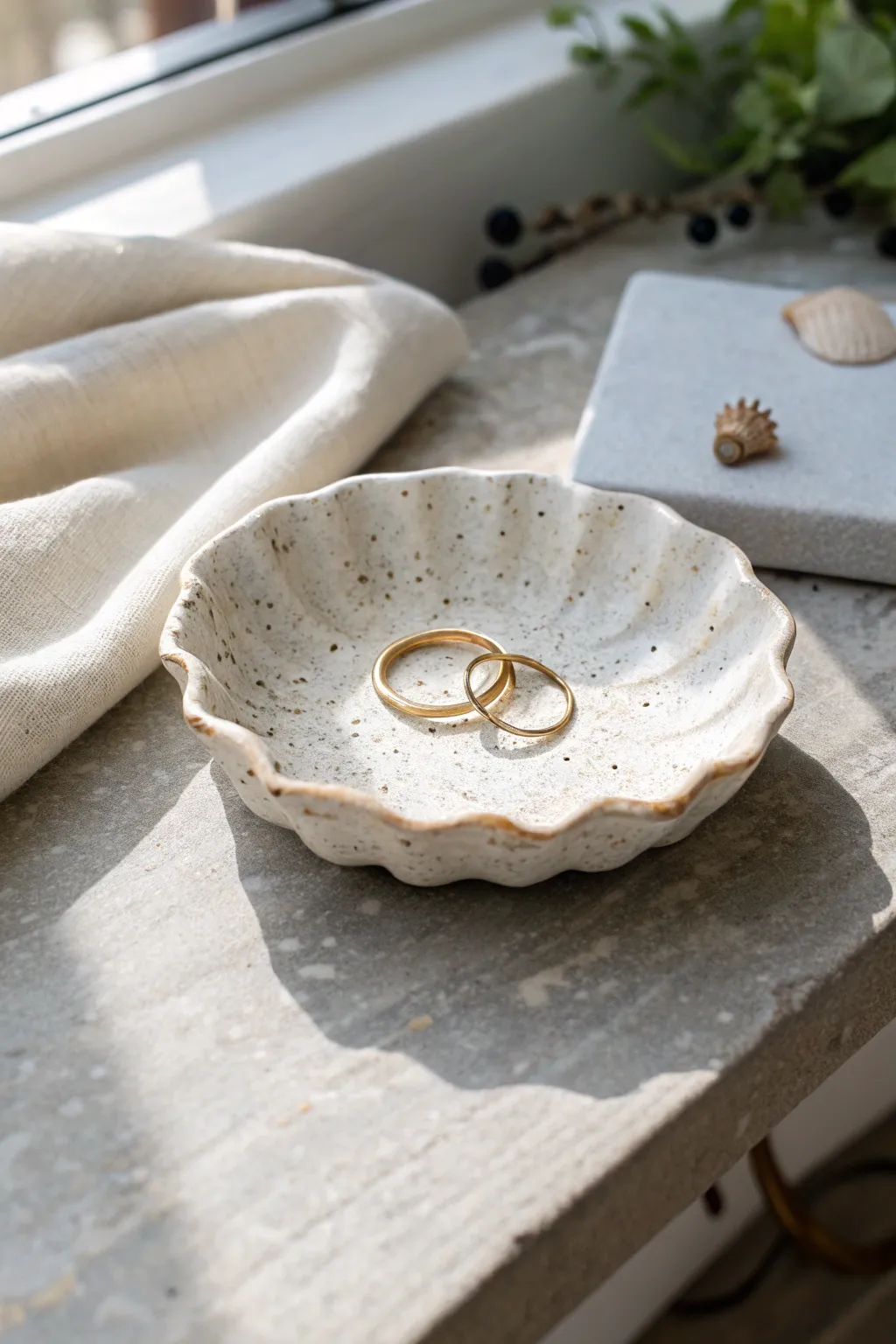Hand-built scalloped trinket dish for rings and hair pins, minimalist boho clay charm.