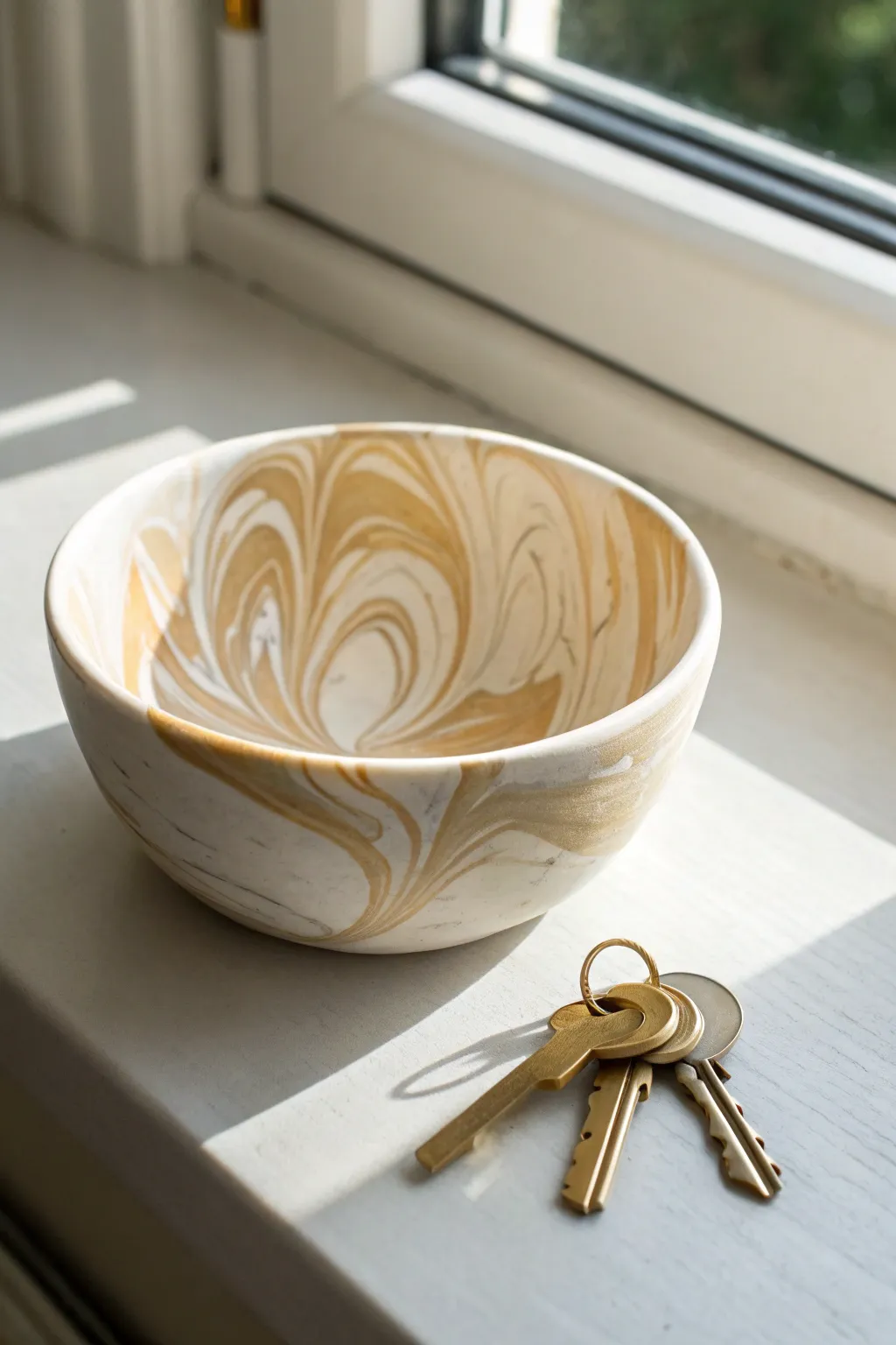 Soft marbled clay catchall bowl in warm neutrals, a simple handmade spot for keys and coins