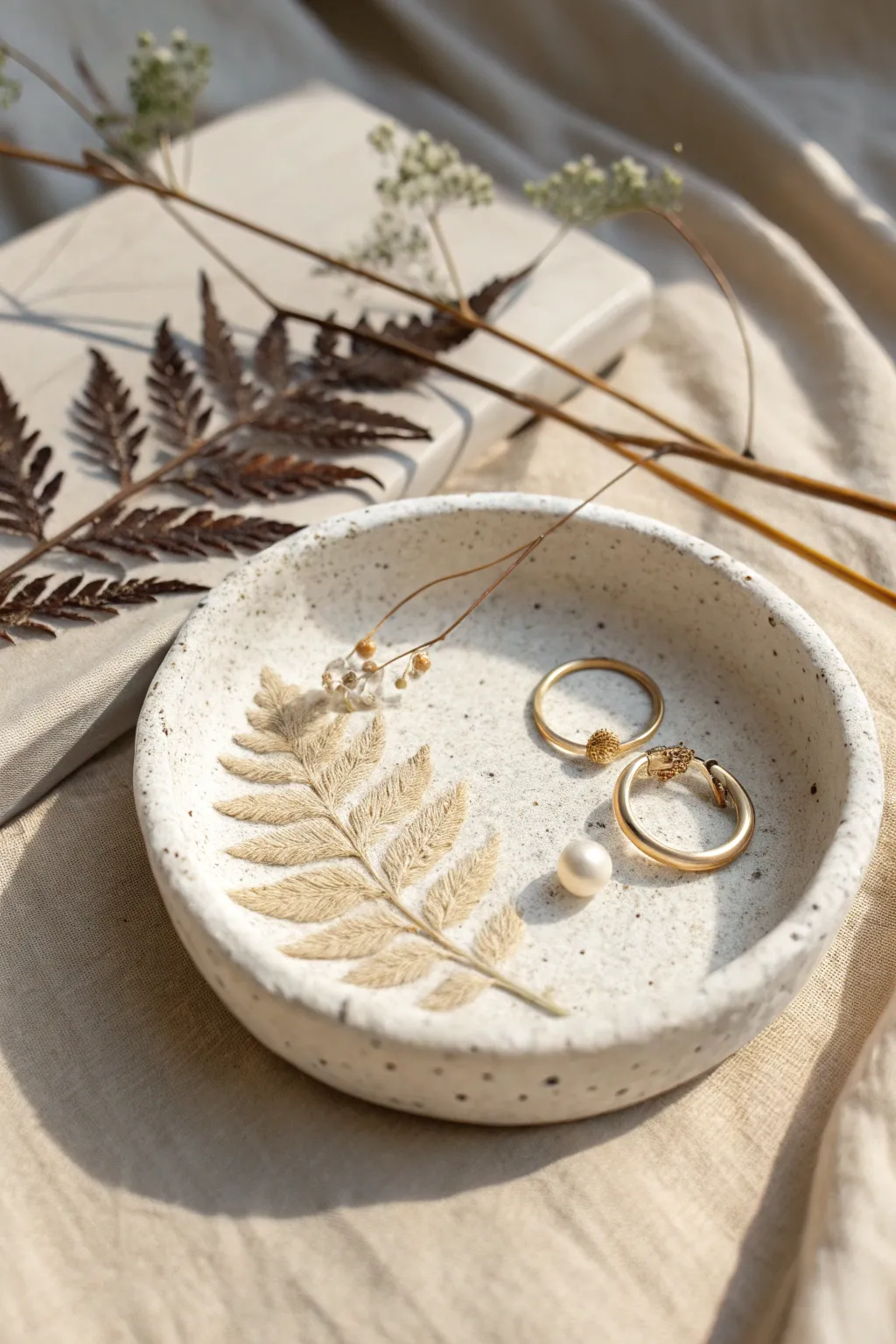Pressed-botanical trinket dish in handbuilt clay, styled simply with jewelry and soft light