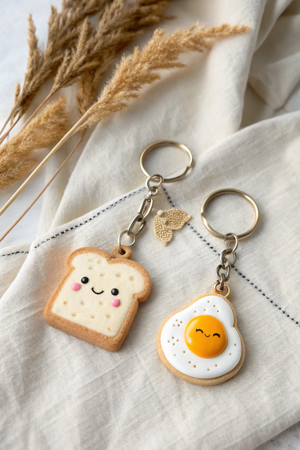 Toast and egg besties in clay, paired keychains with simple faces and warm minimalist charm