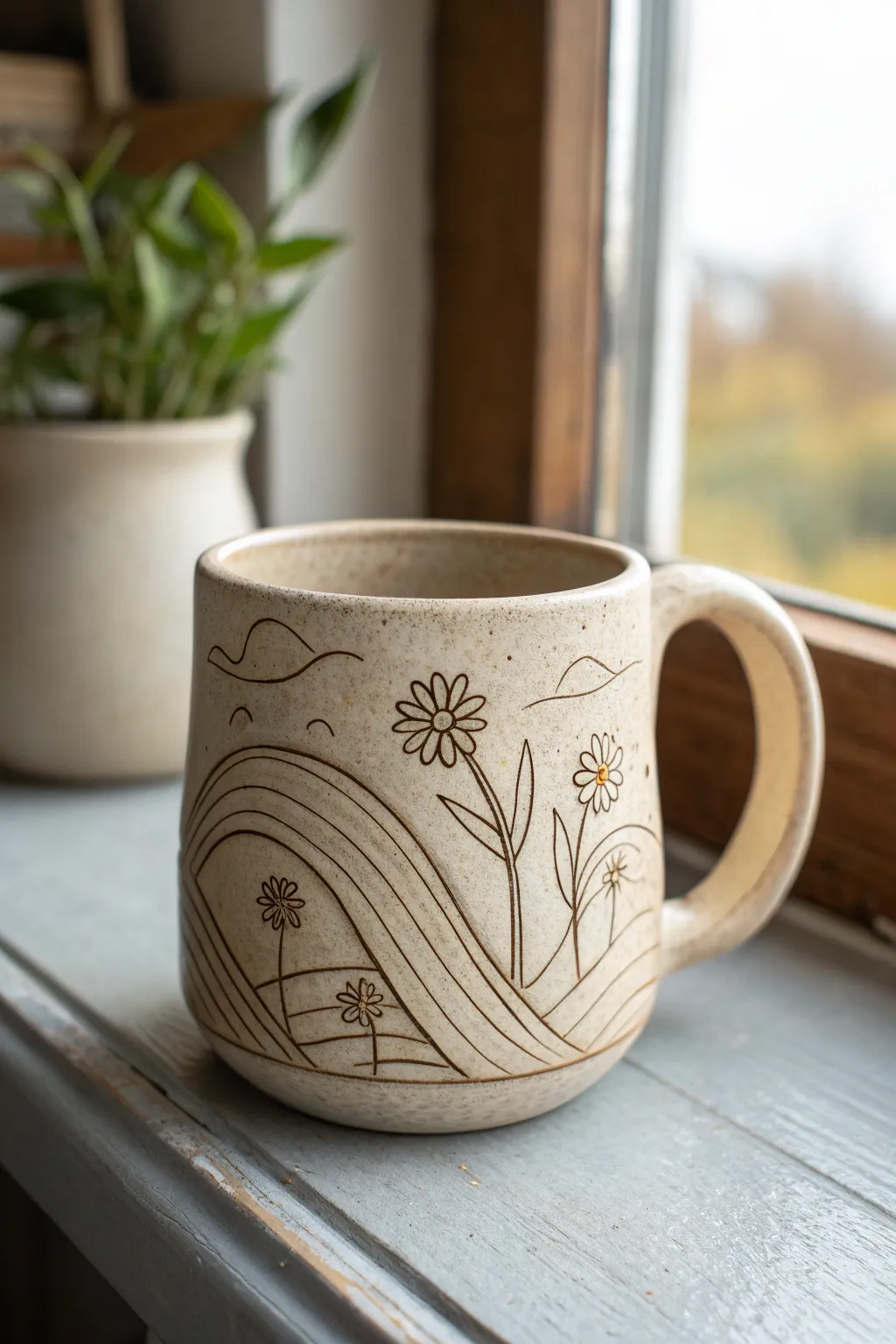 Creamy handmade mug with bold sgraffito line art, simple florals and waves in high contrast.
