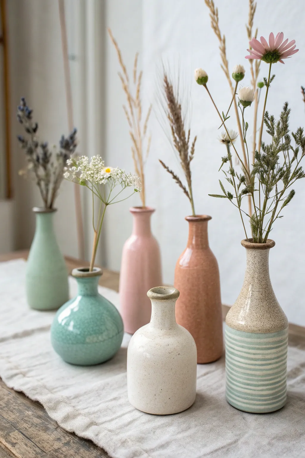 Mini mix-and-match bud vases in soft glazes, each holding one stem for a charming set.