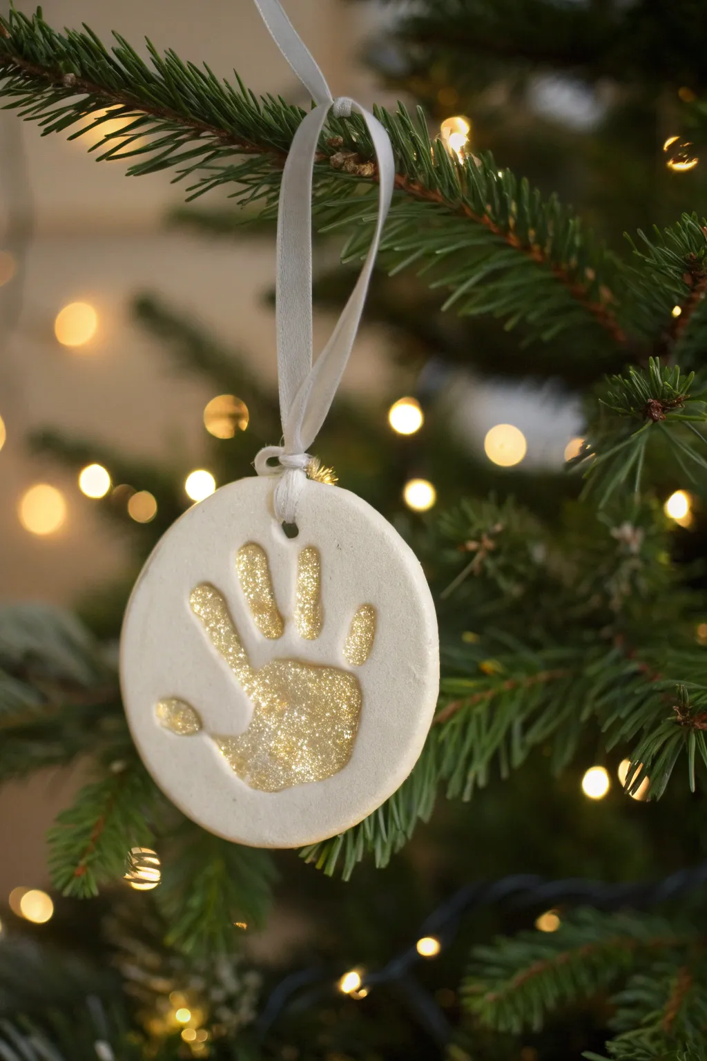 Matte clay handprint ornament with glitter-filled impression, softly sparkling on a cozy tree