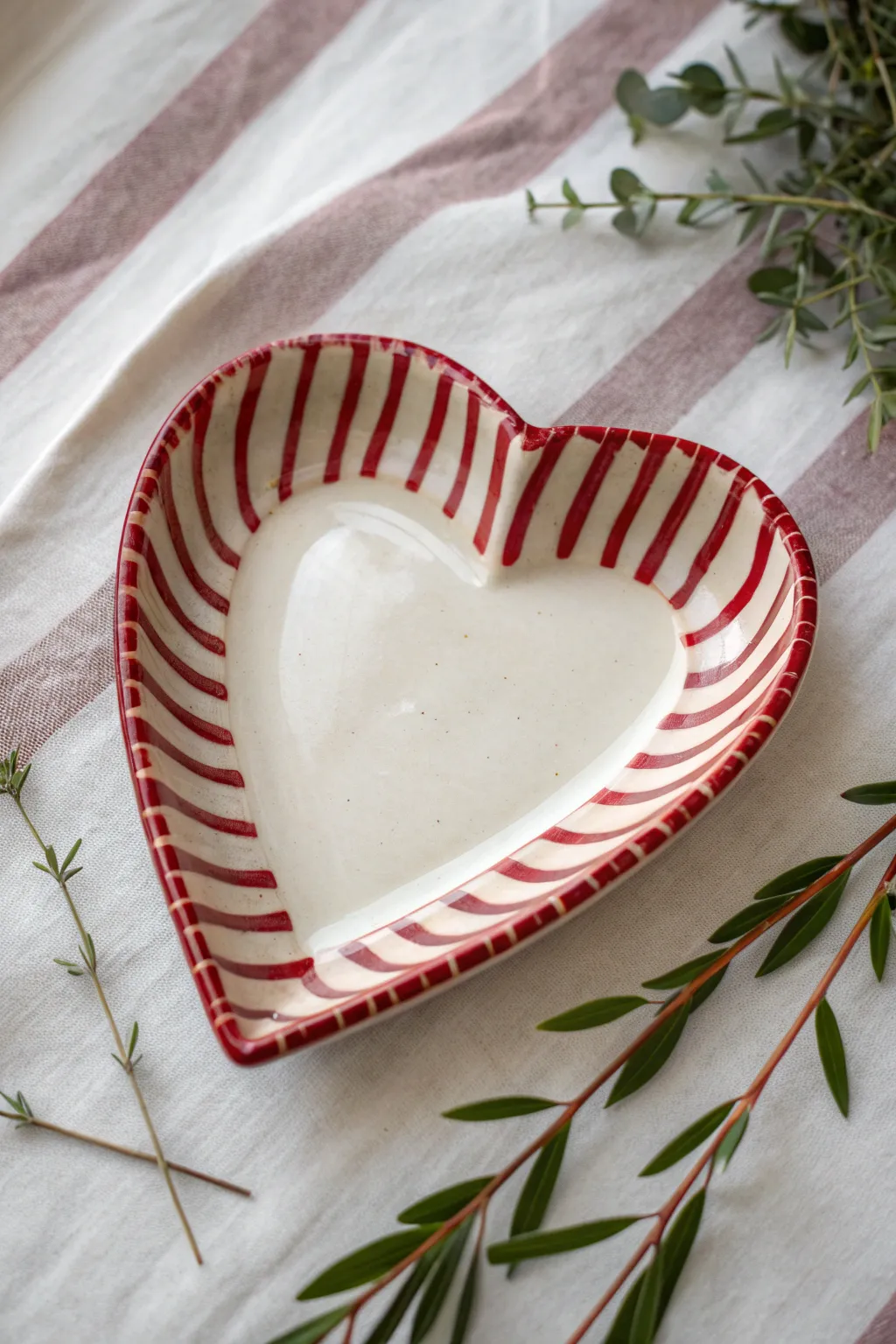 Candy stripe heart plate with bold red bands and a clean blank center for a sweet minimalist look