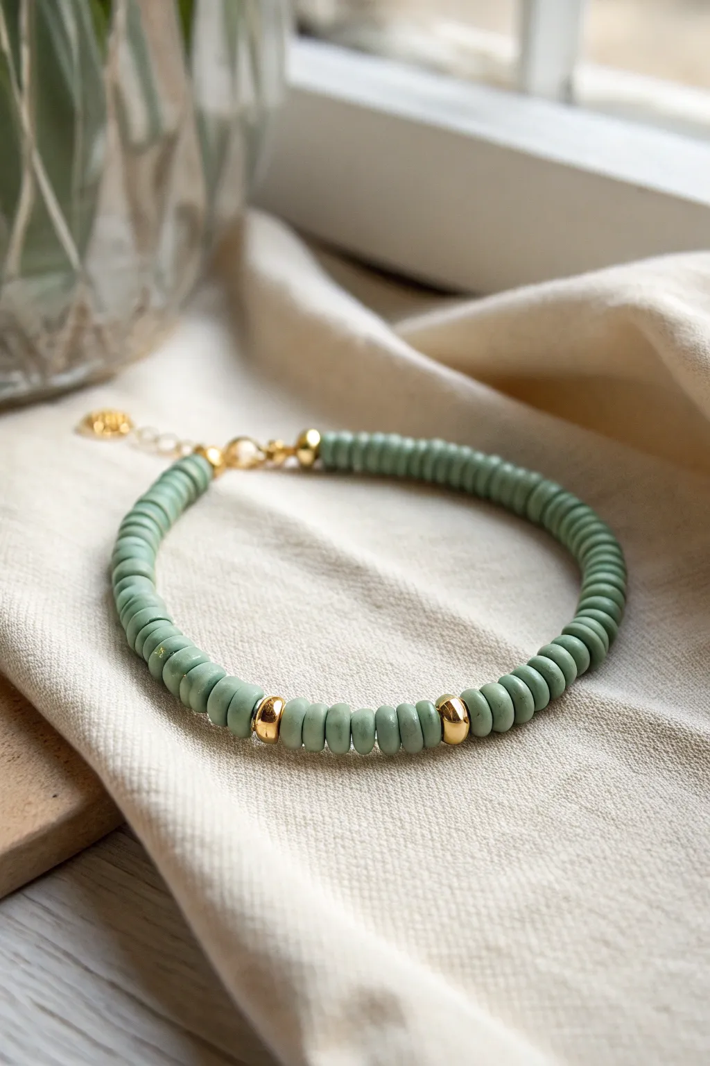 Minimalist matte sage heishi clay bead bracelet with one gold spacer, everyday elegance.