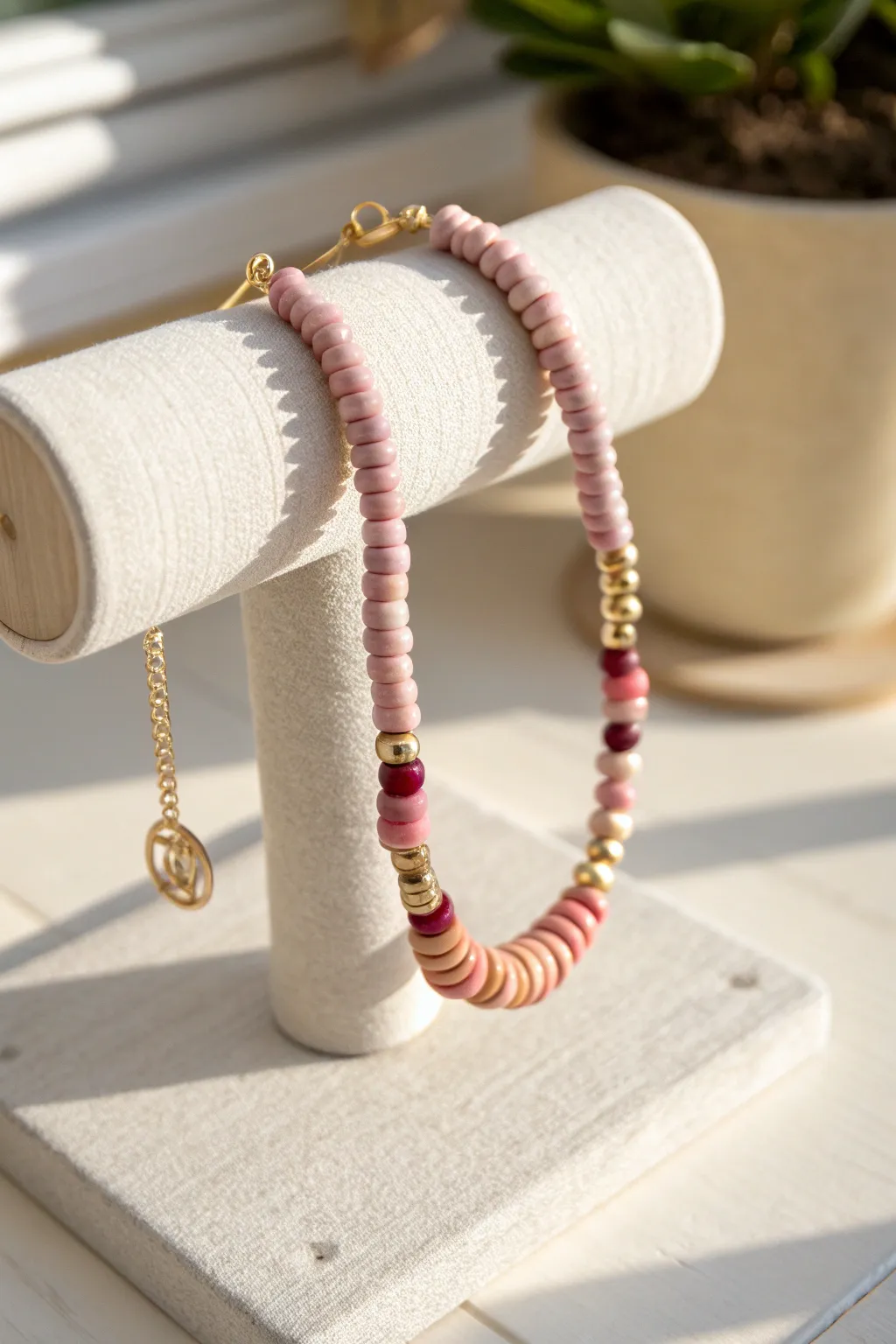 Ombre heishi bracelet inspiration: soft blush fading to deep berry with one simple spacer.