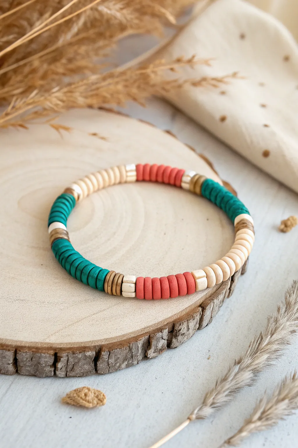 Chunky color-block heishi bracelet in teal, coral and ivory, styled for effortless stacking.