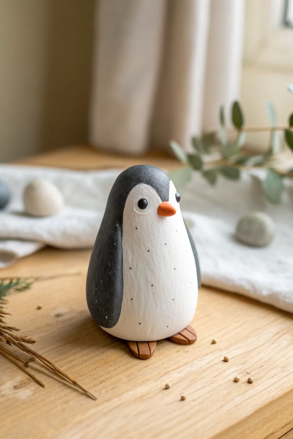 Beginner friendly round clay penguin desk buddy in minimalist Scandinavian style look