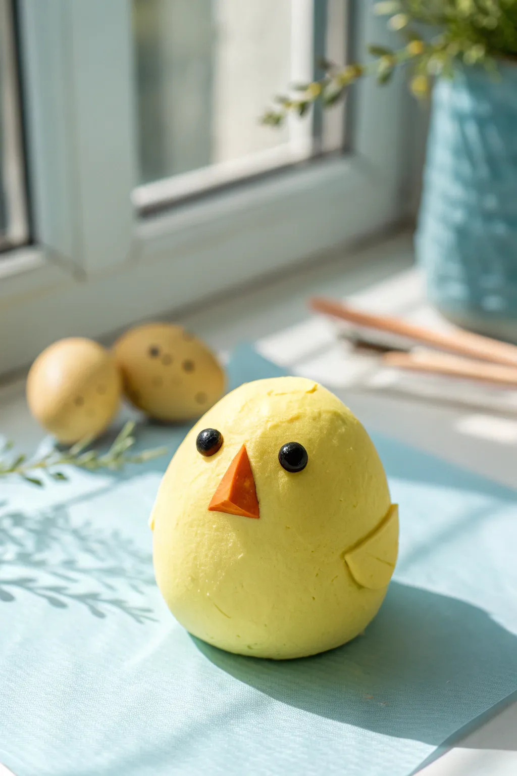 Tiny ball-shaped air dry clay chick in sunny yellow, simple and sweet with a clean pastel backdrop.
