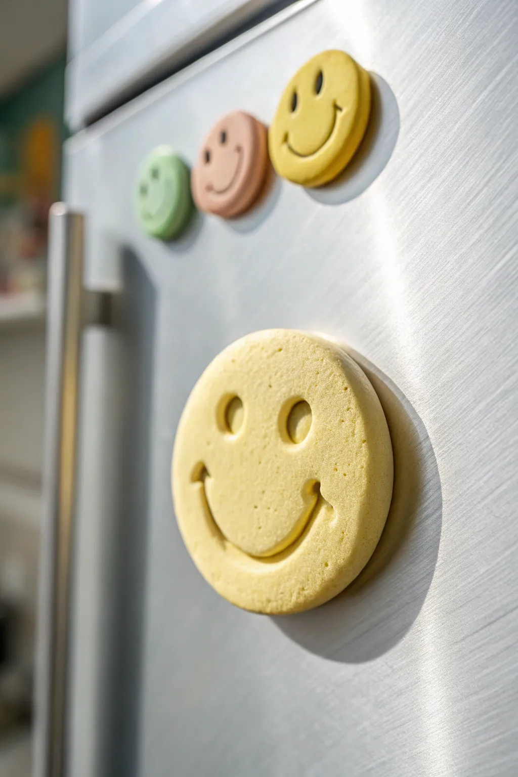 Pastel smiley clay magnet on clean metal fridge, minimalist and cheerful with handmade charm.