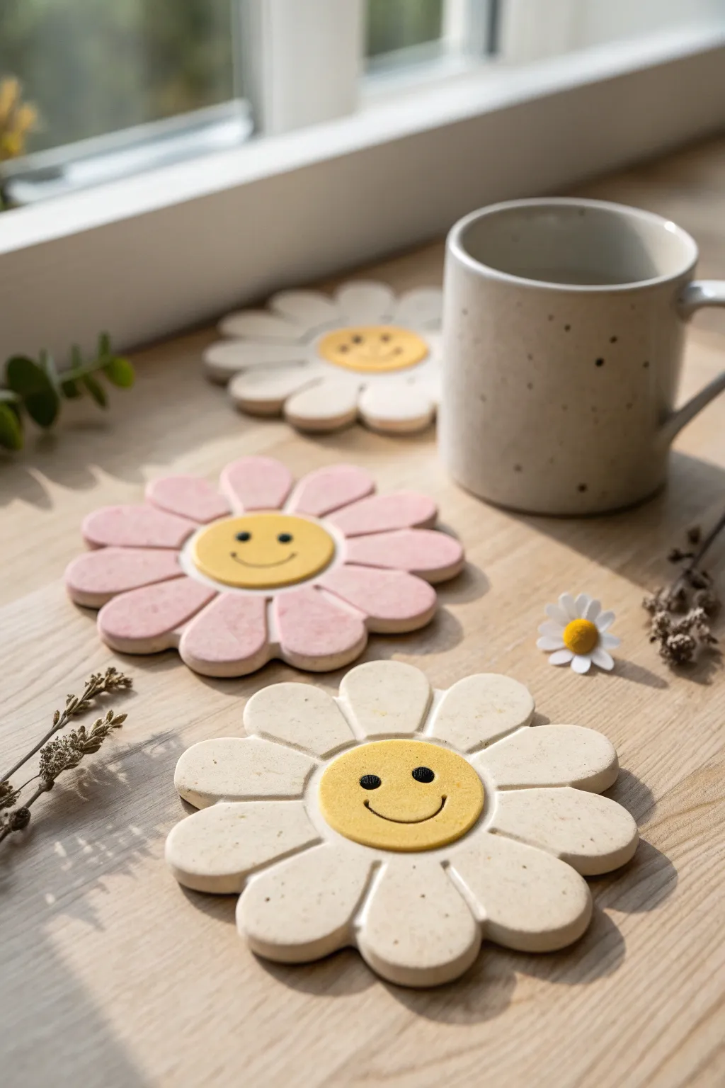 Pastel smiley daisy coasters that add a cute, minimal pop to your cozy coffee setup