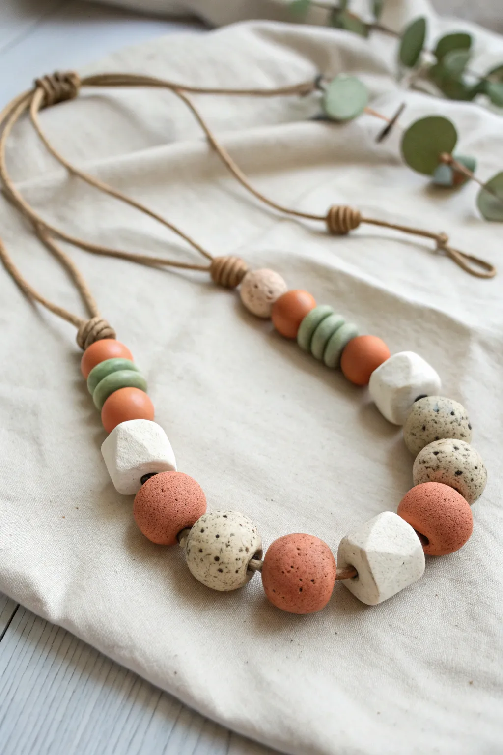 Chunky clay bead necklace with playful shapes, styled simply for a modern boho touch.