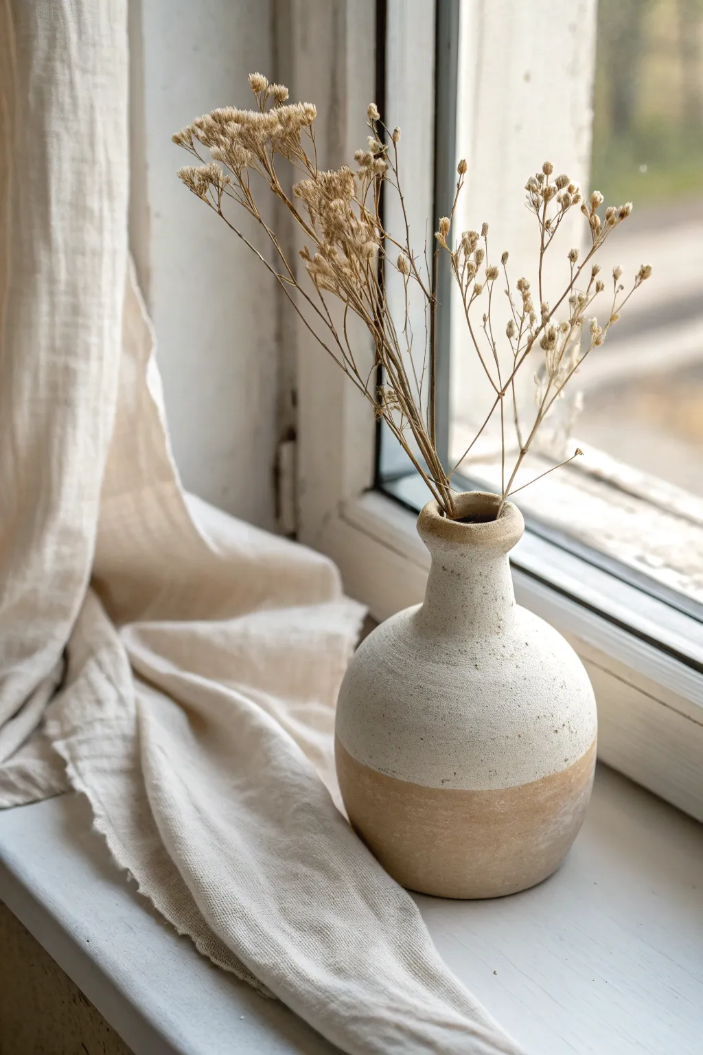 Minimal air dry clay bud vase on a sunny sill, perfect for a few dried stems