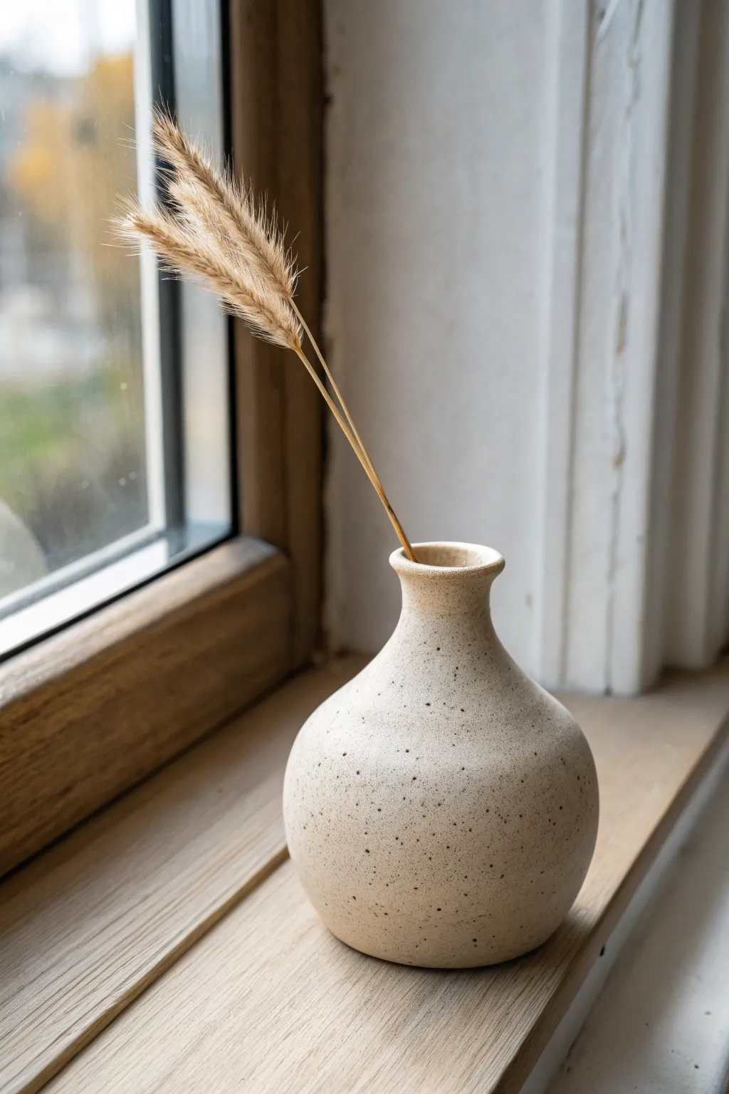 A tiny handmade clay bud vase on the windowsill, perfect for one simple stem.