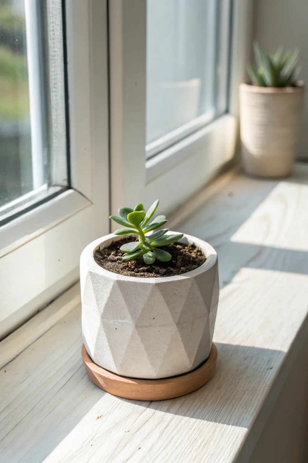Minimal air-dry clay mini planter with soft texture, styled on a sunny windowsill