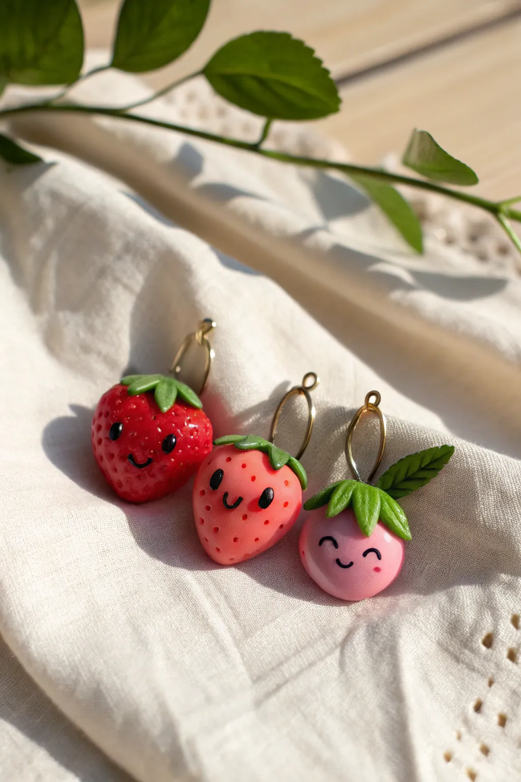 Tiny smiling strawberry and cherry clay charms in bright colors, styled on soft linen.