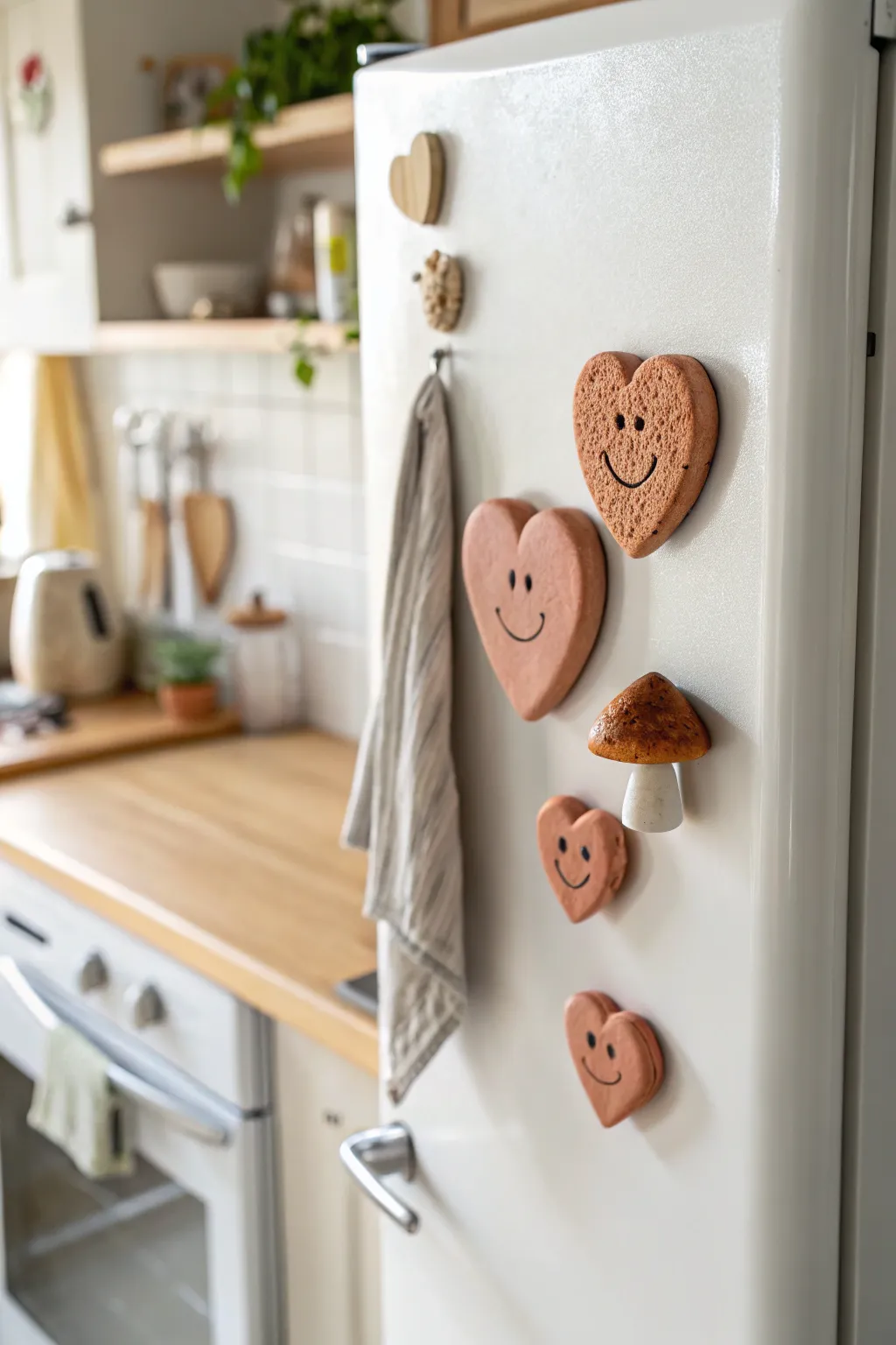 Cute clay fridge magnets to make on a clay date: hearts, smileys, and tiny mushrooms.