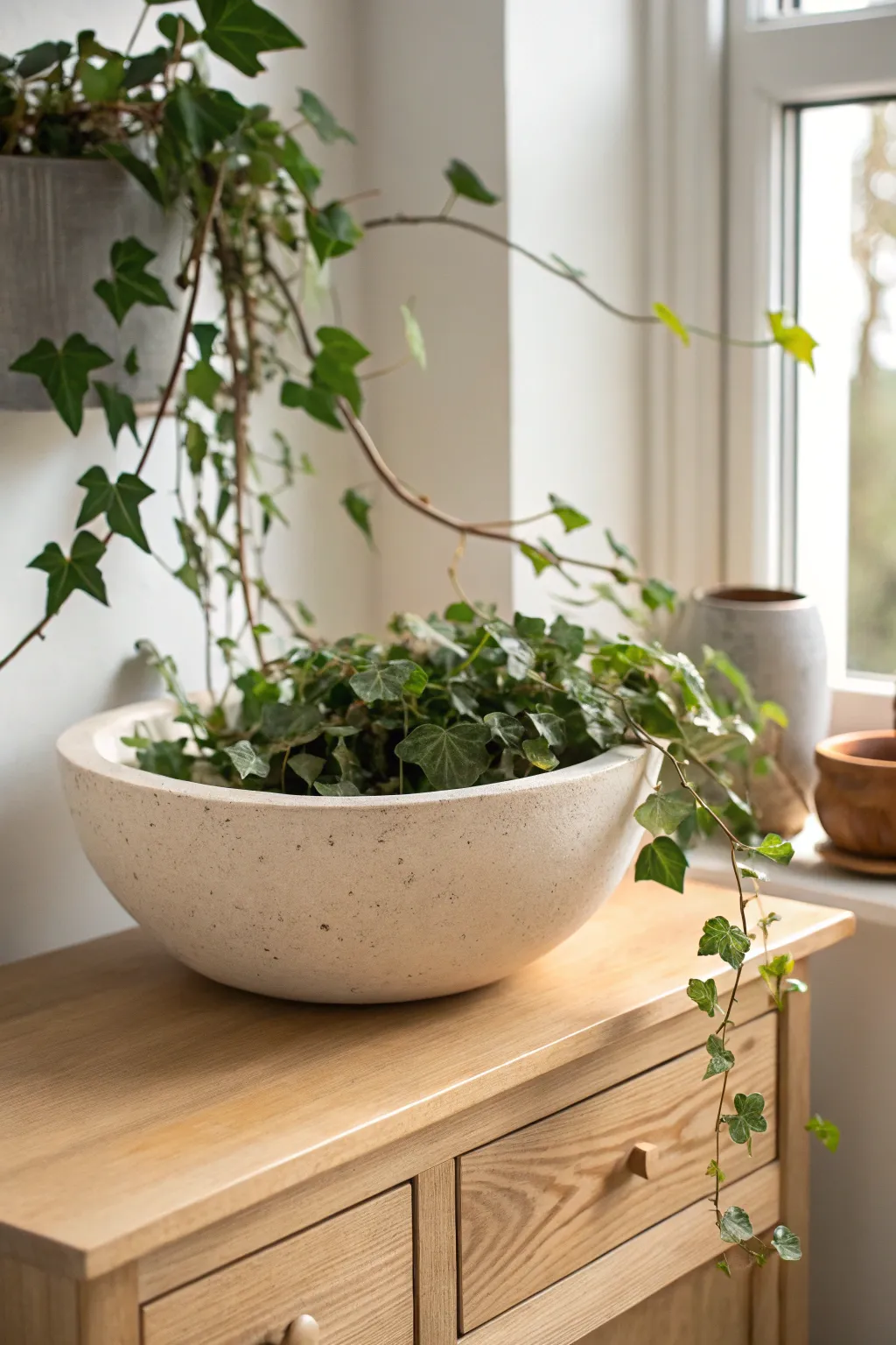 Shallow ceramic bowl planter with ivy trailing softly, a minimal tabletop accent with cozy contrast.