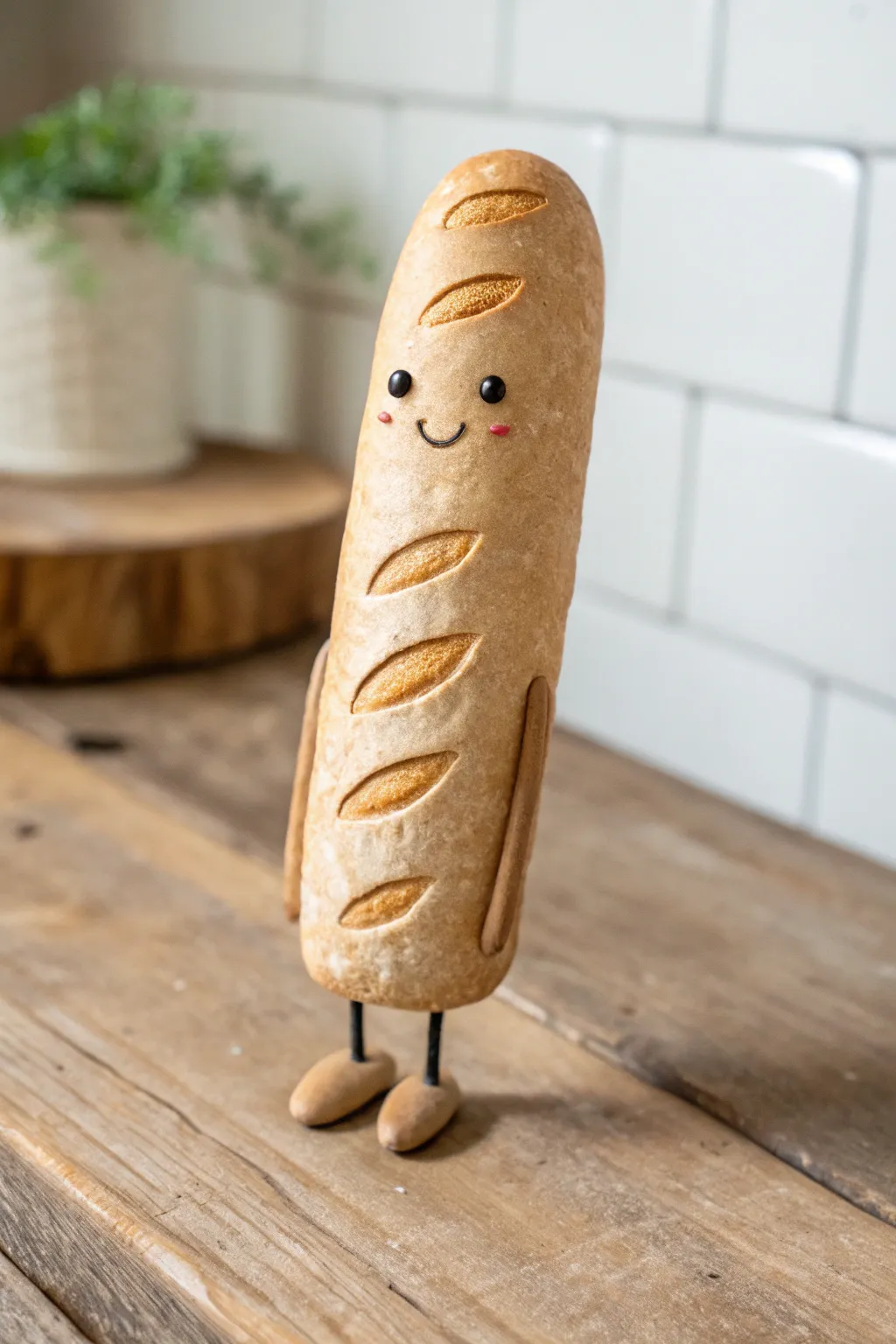Make a sweet baguette buddy in clay: minimal scored details, tiny smile, and dangly legs.
