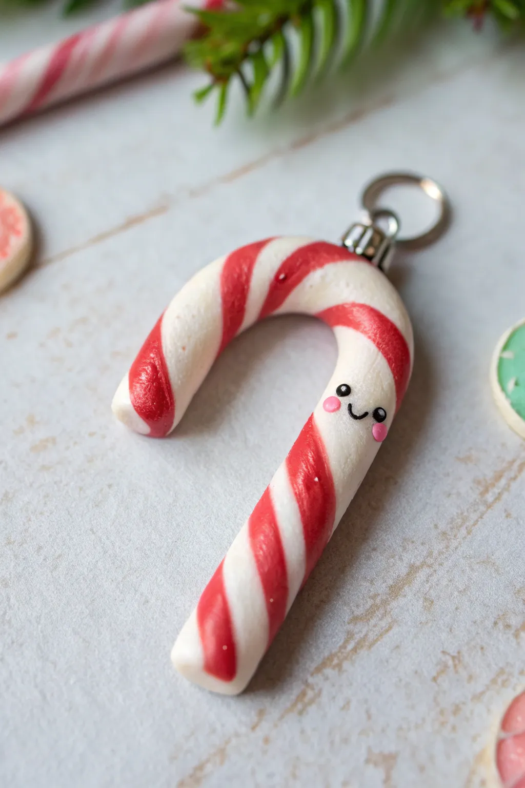 Sweet mini candy cane friend charm in clay, minimalist holiday decor with a kawaii smile.