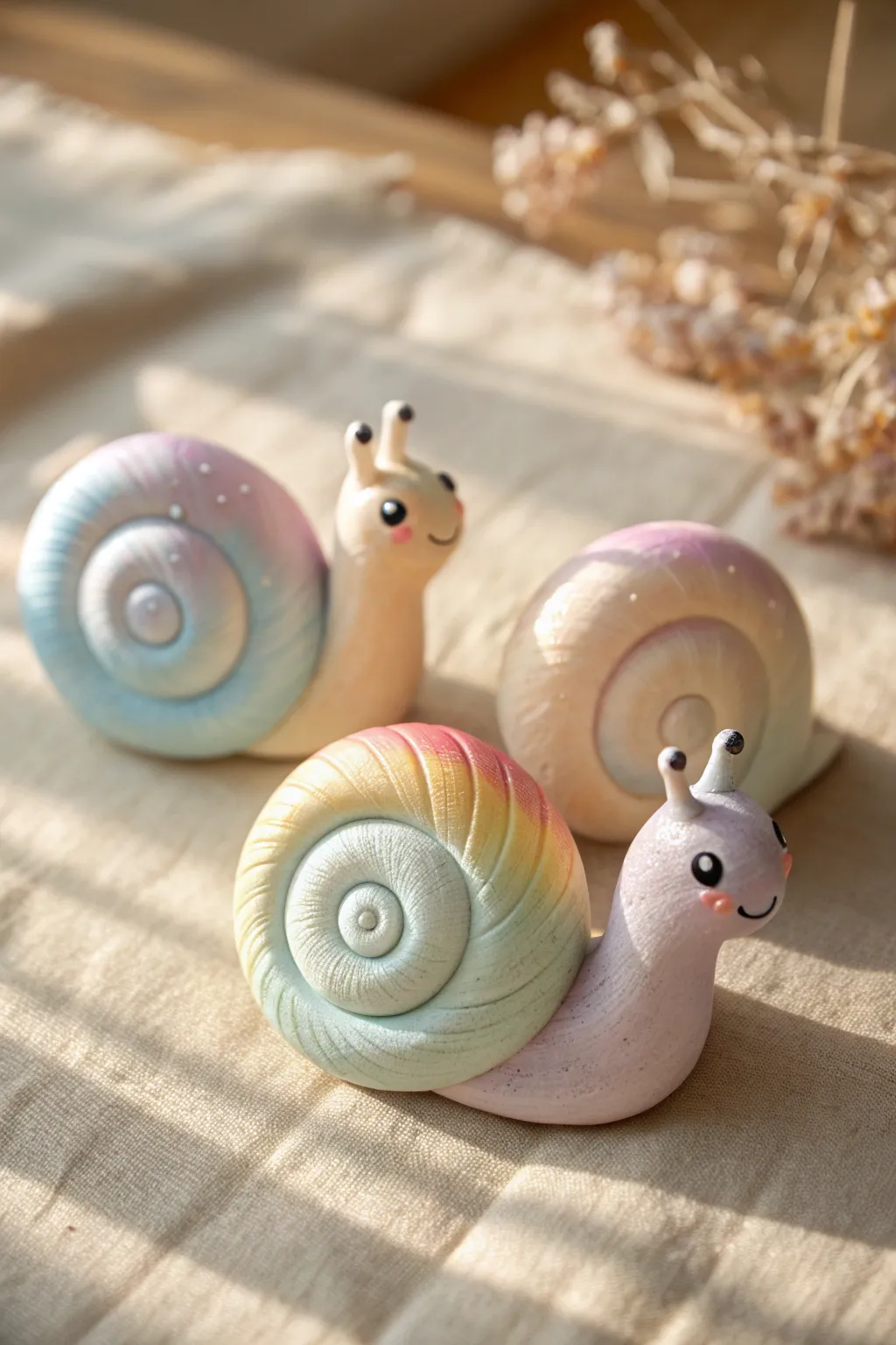 Pastel rainbow clay snails with swirly shells for an irresistibly kawaii, minimalist display