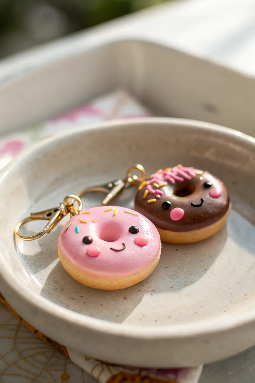 Two tiny kawaii donut charms with sprinkles and blush—sweet, simple, and perfectly handmade.