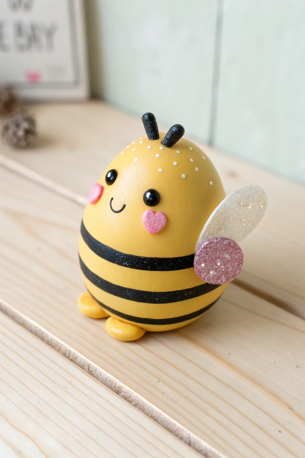 Chubby kawaii polymer clay bee with sparkly wings, rosy cheeks, and cozy minimalist vibes.