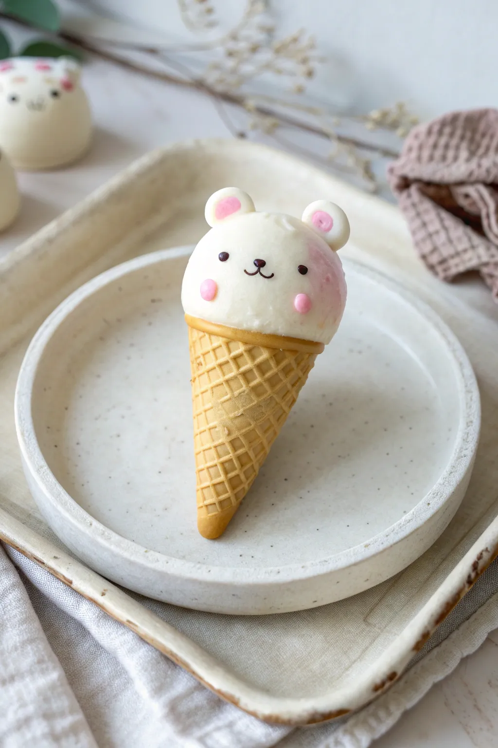 Mini bear ice cream cone charm with melty drips, minimalist styling and soft boho tones