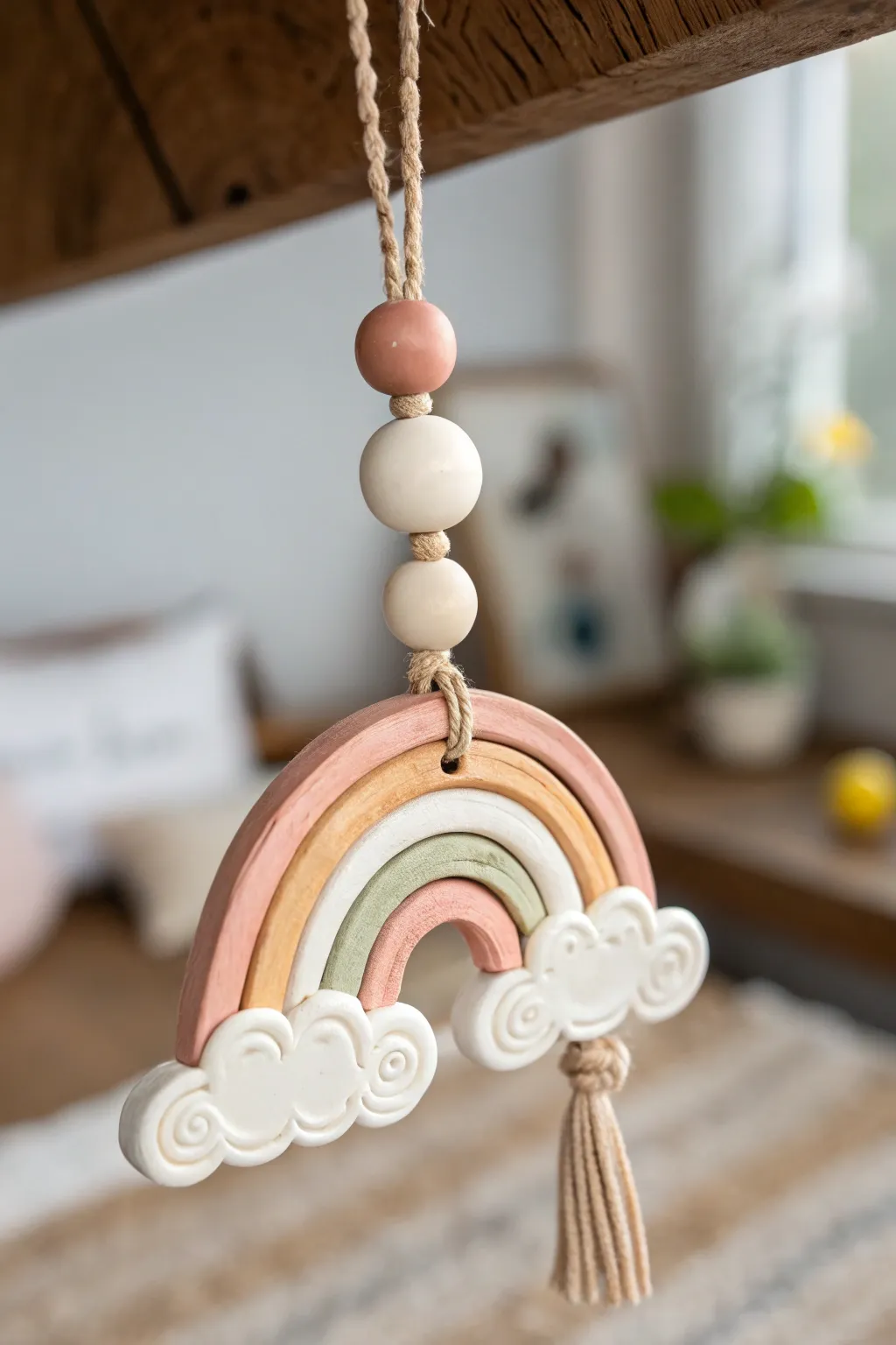 Minimalist air-dry clay rainbow and cloud charm with soft pastels and natural boho string