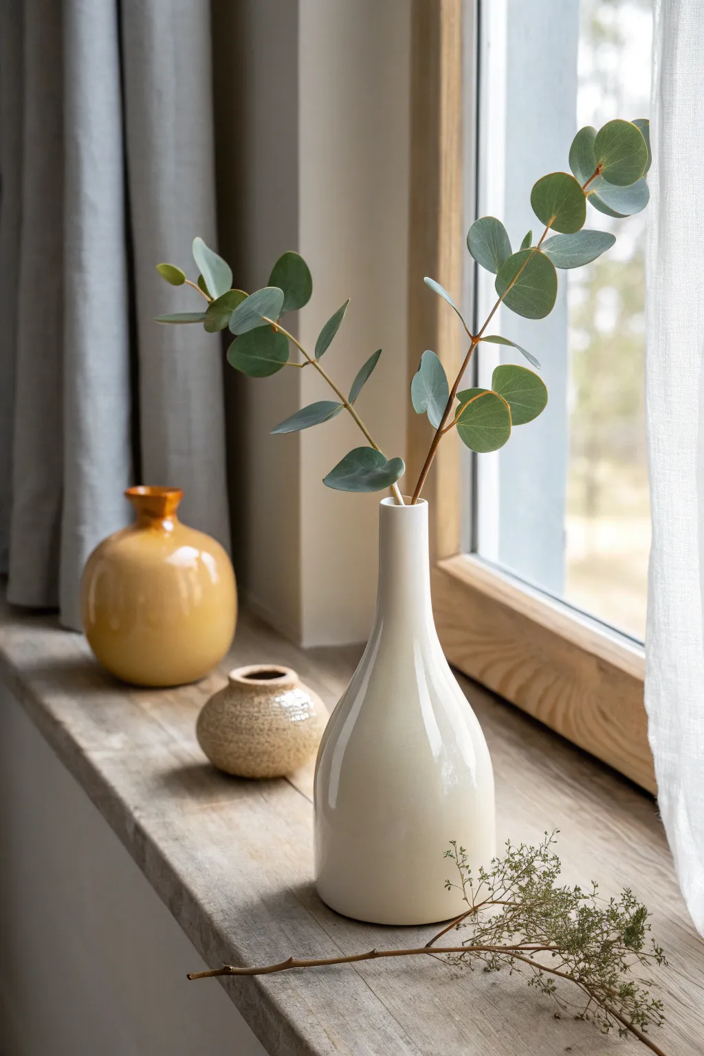 Two simple kiln-fired bud vases on a sunlit sill, glossy glaze and fresh stems that work every time