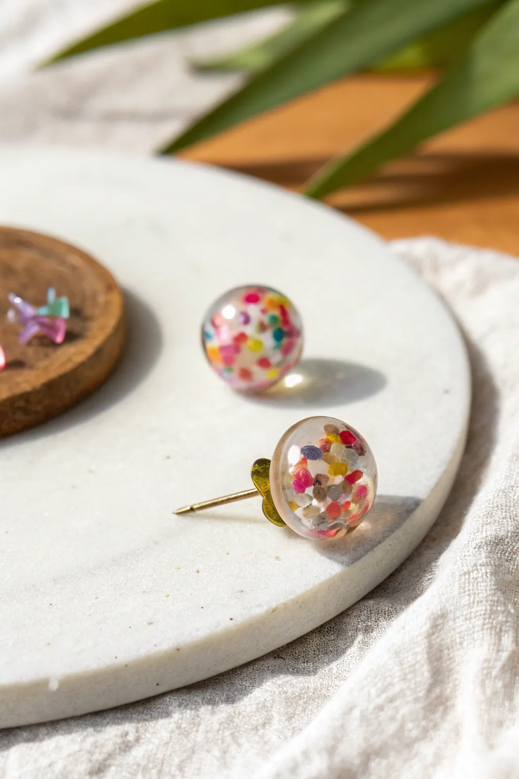 Clear liquid polymer clay confetti stud earring, minimalist yet playful with easy handmade sparkle
