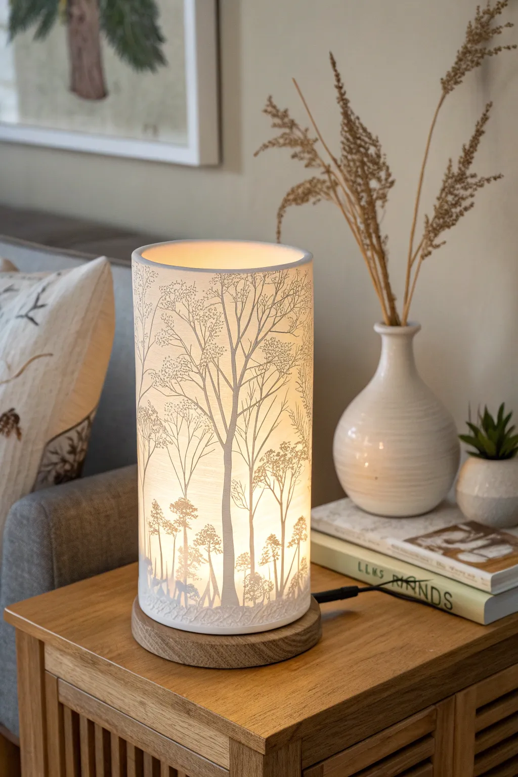 Cylindrical 360° lithophane shade glowing warmly, minimal Scandinavian style with soft boho calm