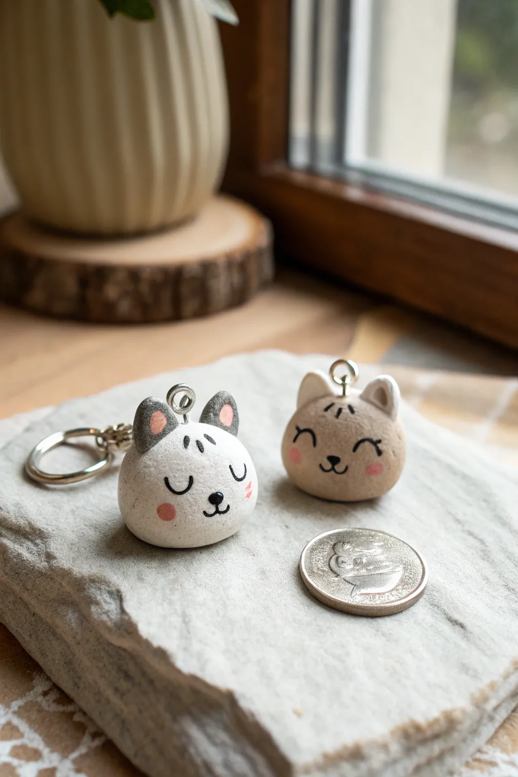 Tiny air dry clay animal charms with simple faces, styled minimally with a coin for scale