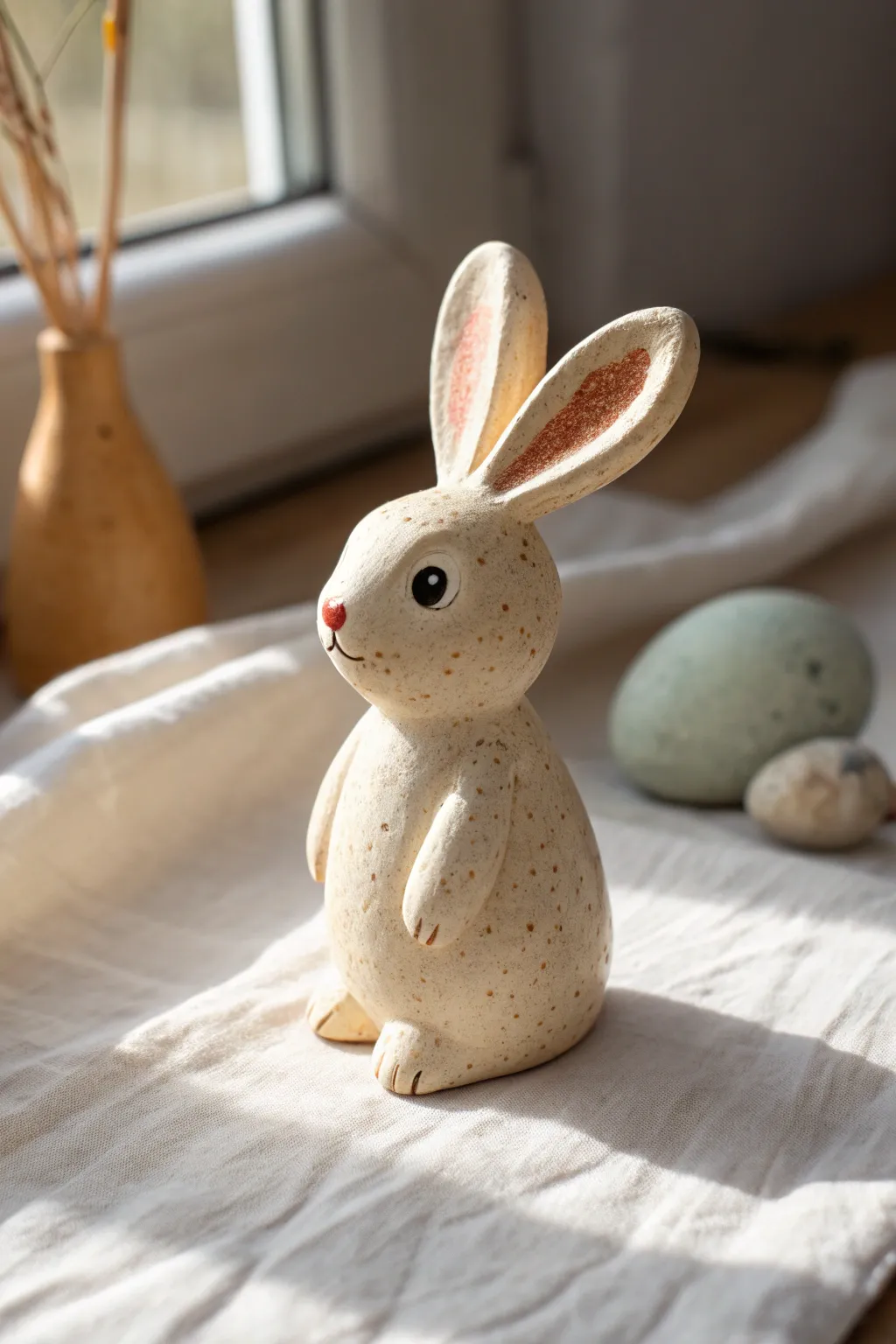 Mini clay bunny with long teardrop ears in a cozy speckled finish, simple and sweet